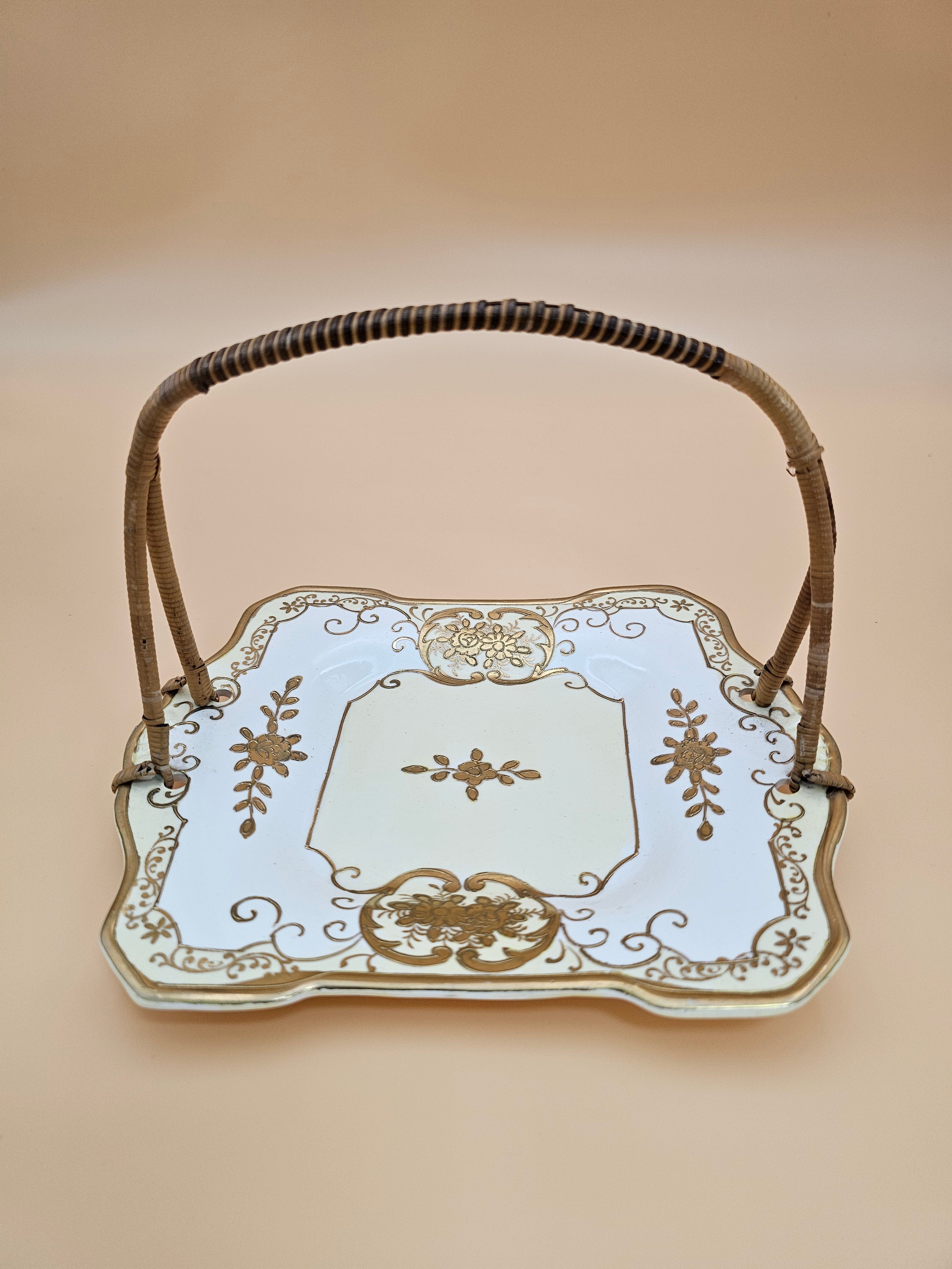 Vintage Moriyama Mori-machi Hand Painted Japan Porcelain Vanity Tray with Wicker Handle