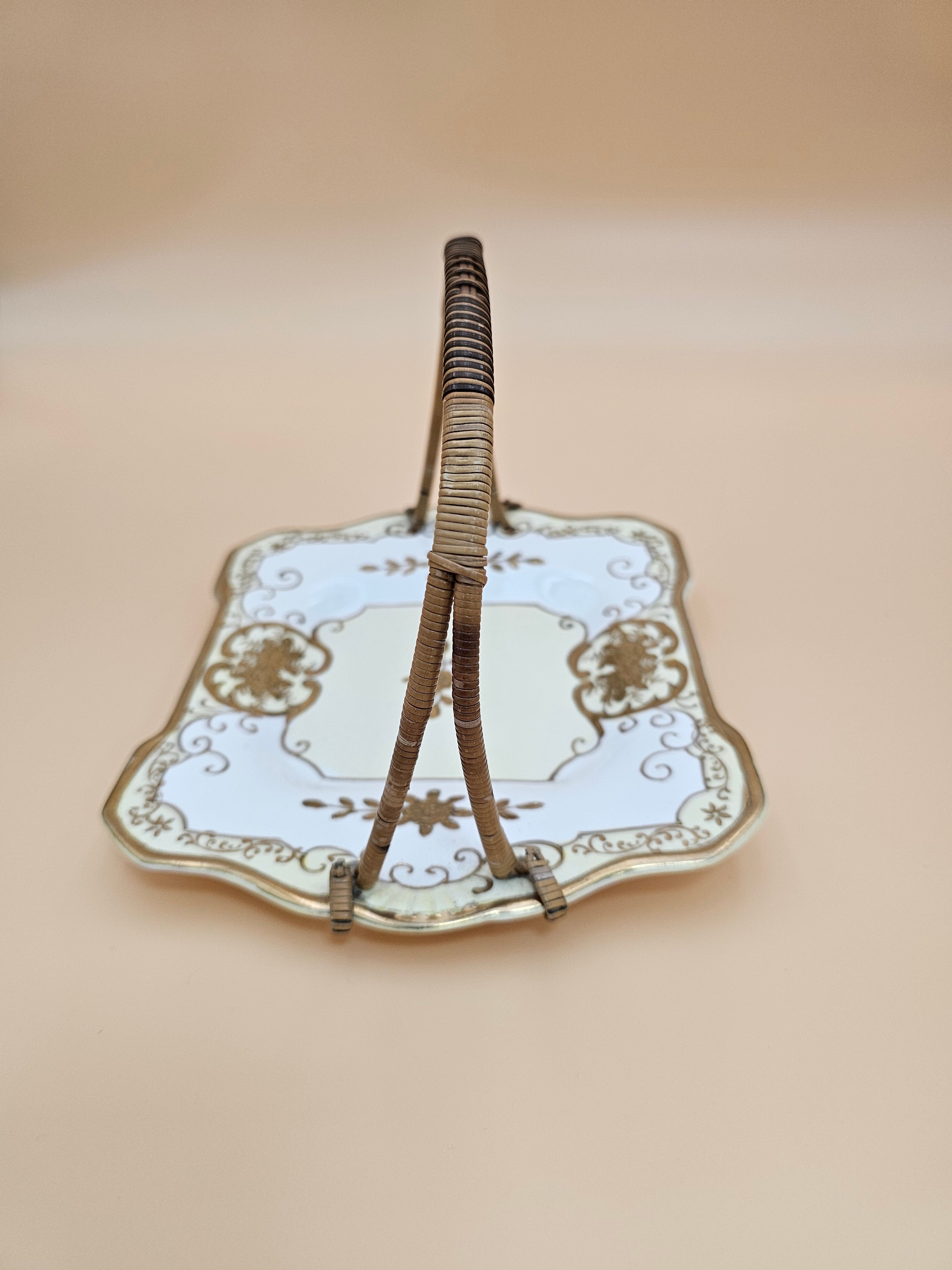 Vintage Moriyama Mori-machi Hand Painted Japan Porcelain Vanity Tray with Wicker Handle