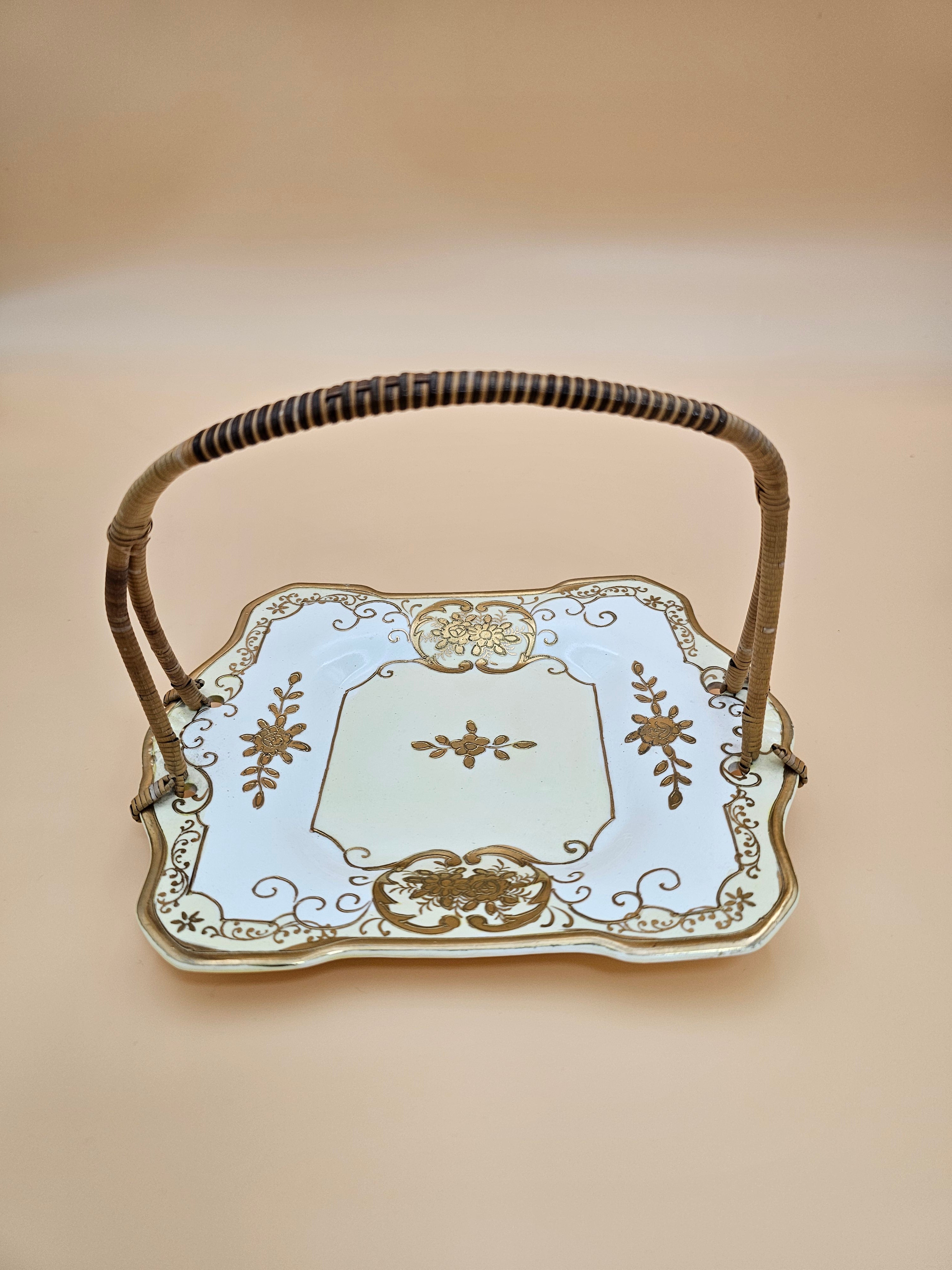 Vintage Moriyama Mori-machi Hand Painted Japan Porcelain Vanity Tray with Wicker Handle