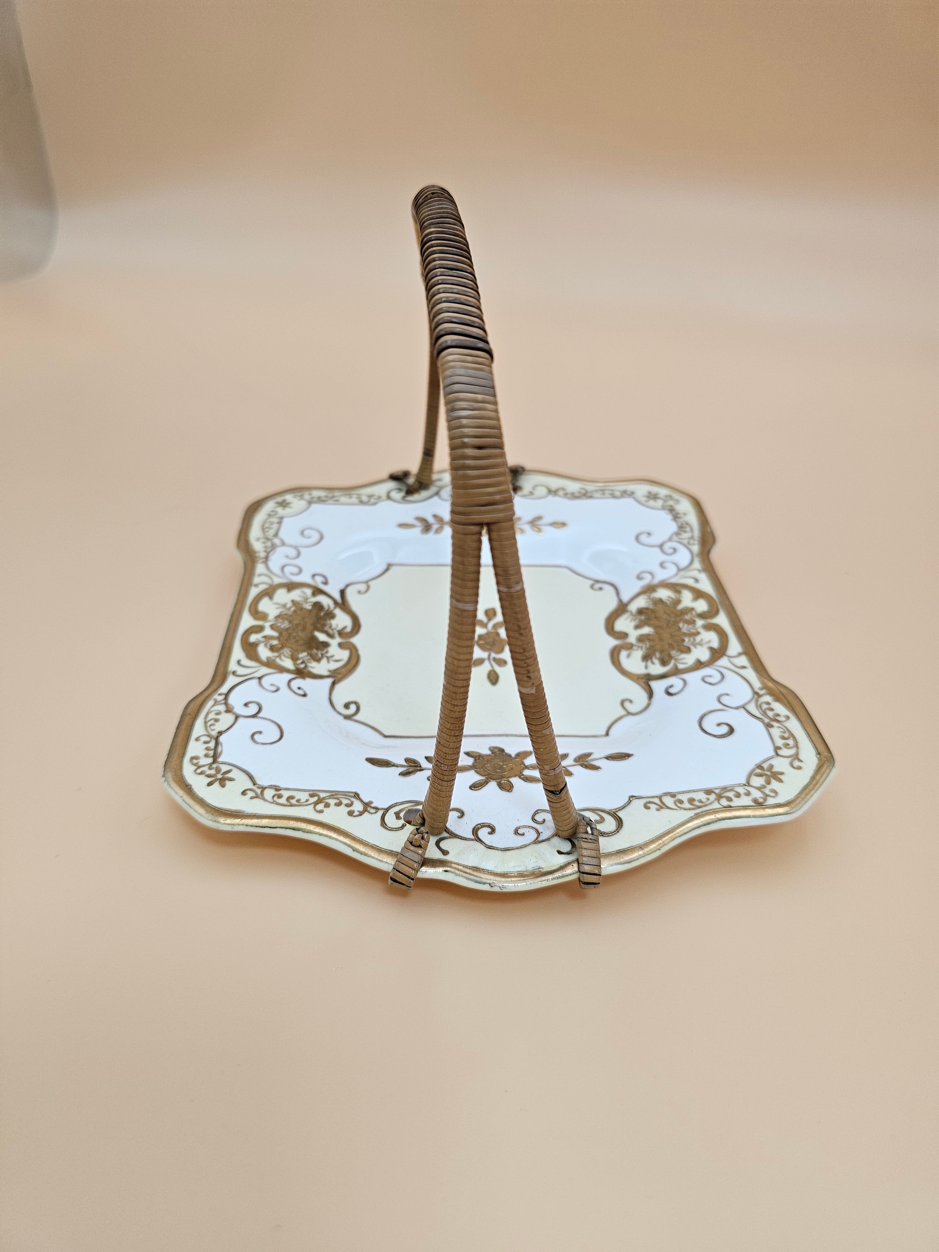 Vintage Moriyama Mori-machi Hand Painted Japan Porcelain Vanity Tray with Wicker Handle