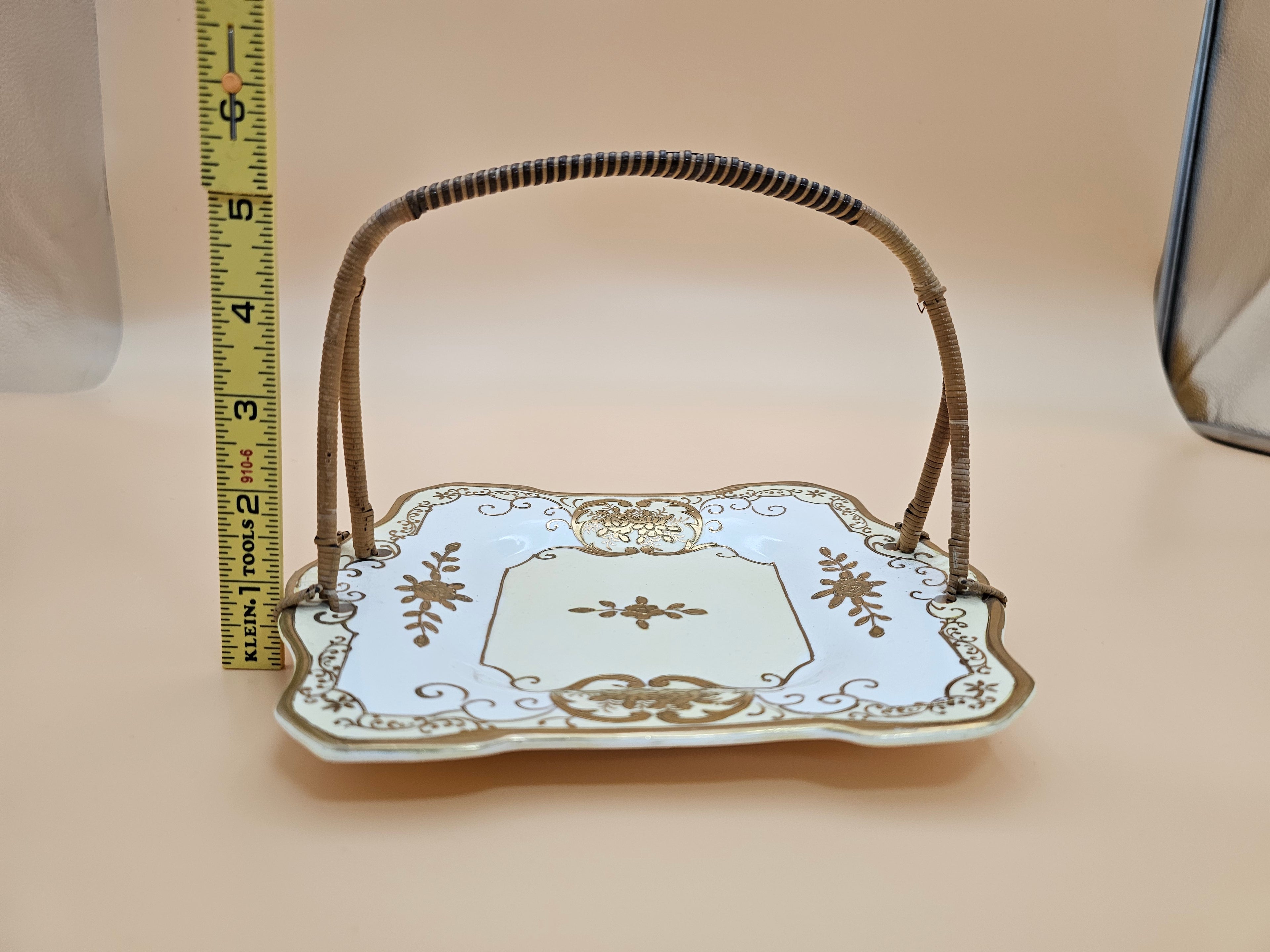 Vintage Moriyama Mori-machi Hand Painted Japan Porcelain Vanity Tray with Wicker Handle