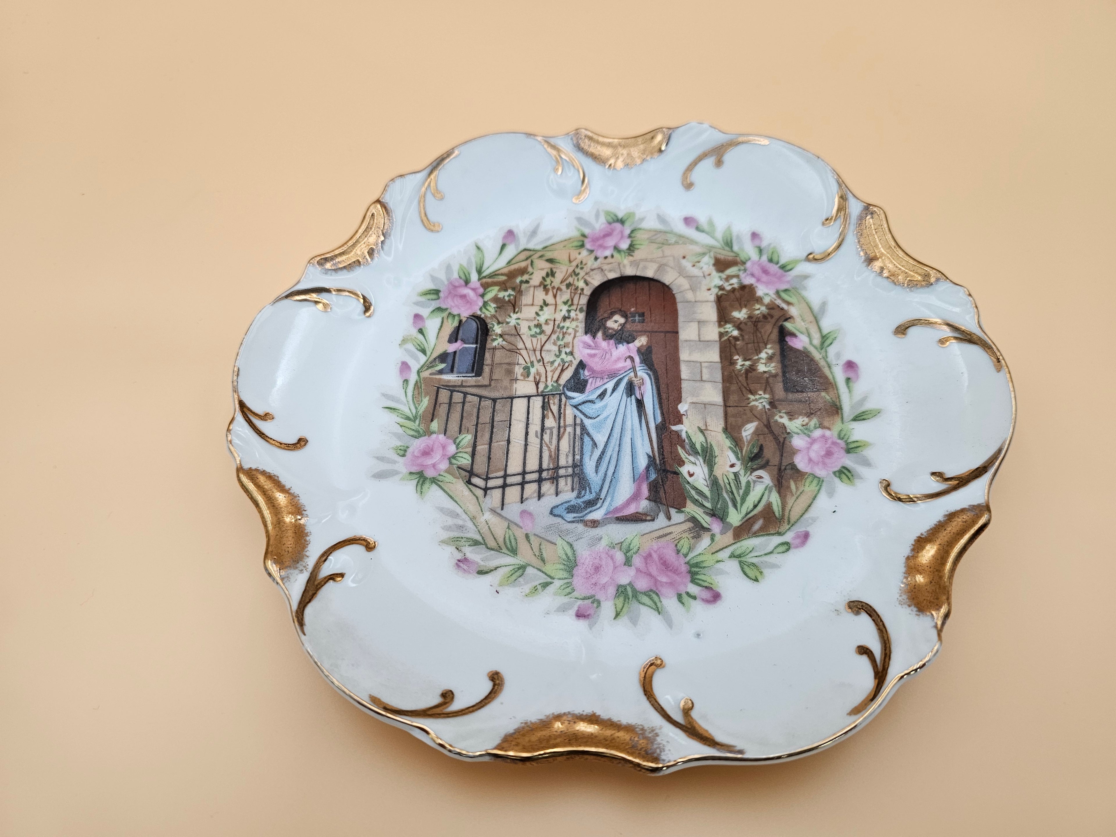 Vintage Japan Jesus Knocking at the Door Decorative Wall Plate with 18K Gold Trim
