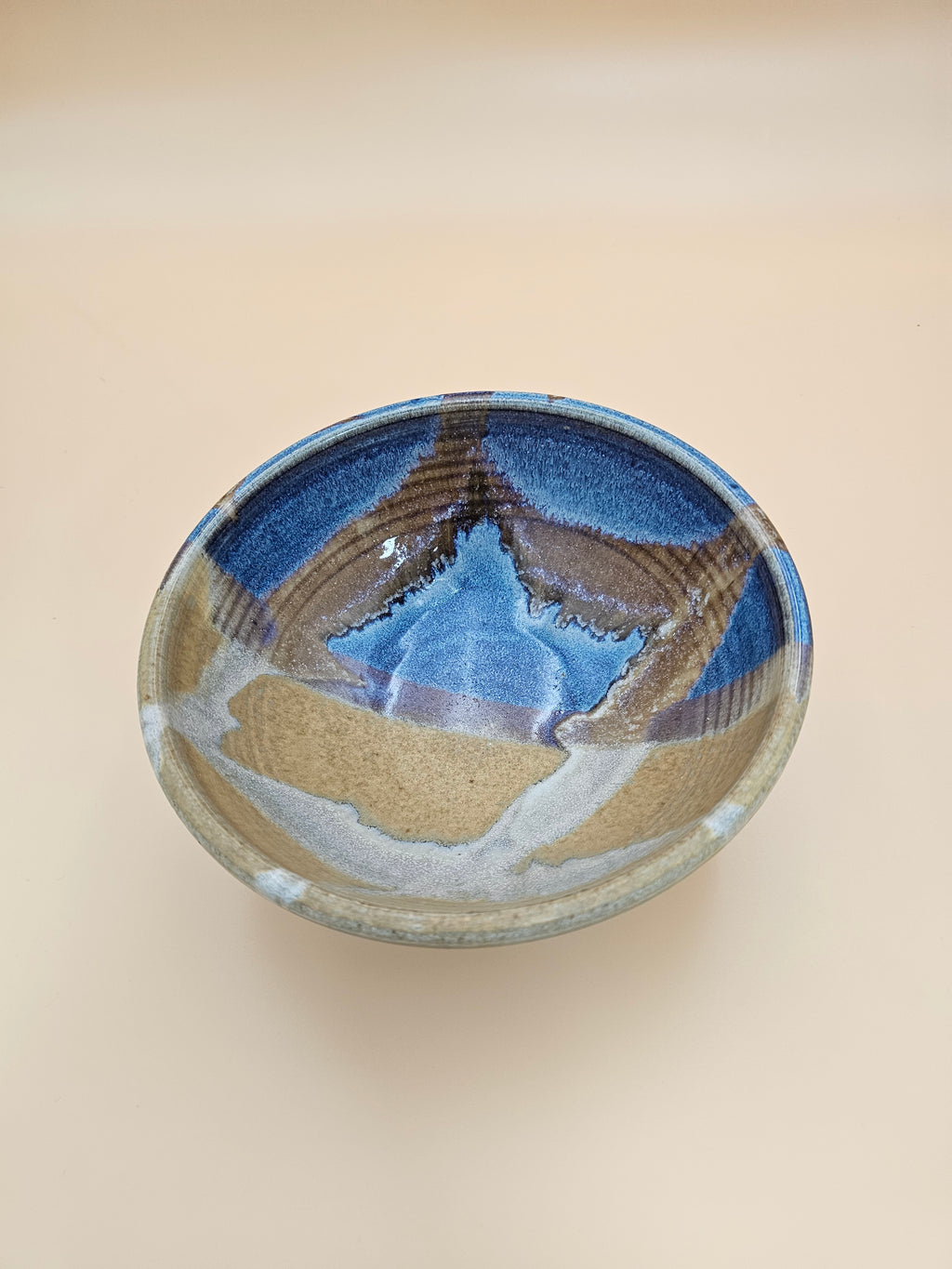 Studio Pottery Bowl Blue Brown Tan Glazed Stoneware 8 Inch