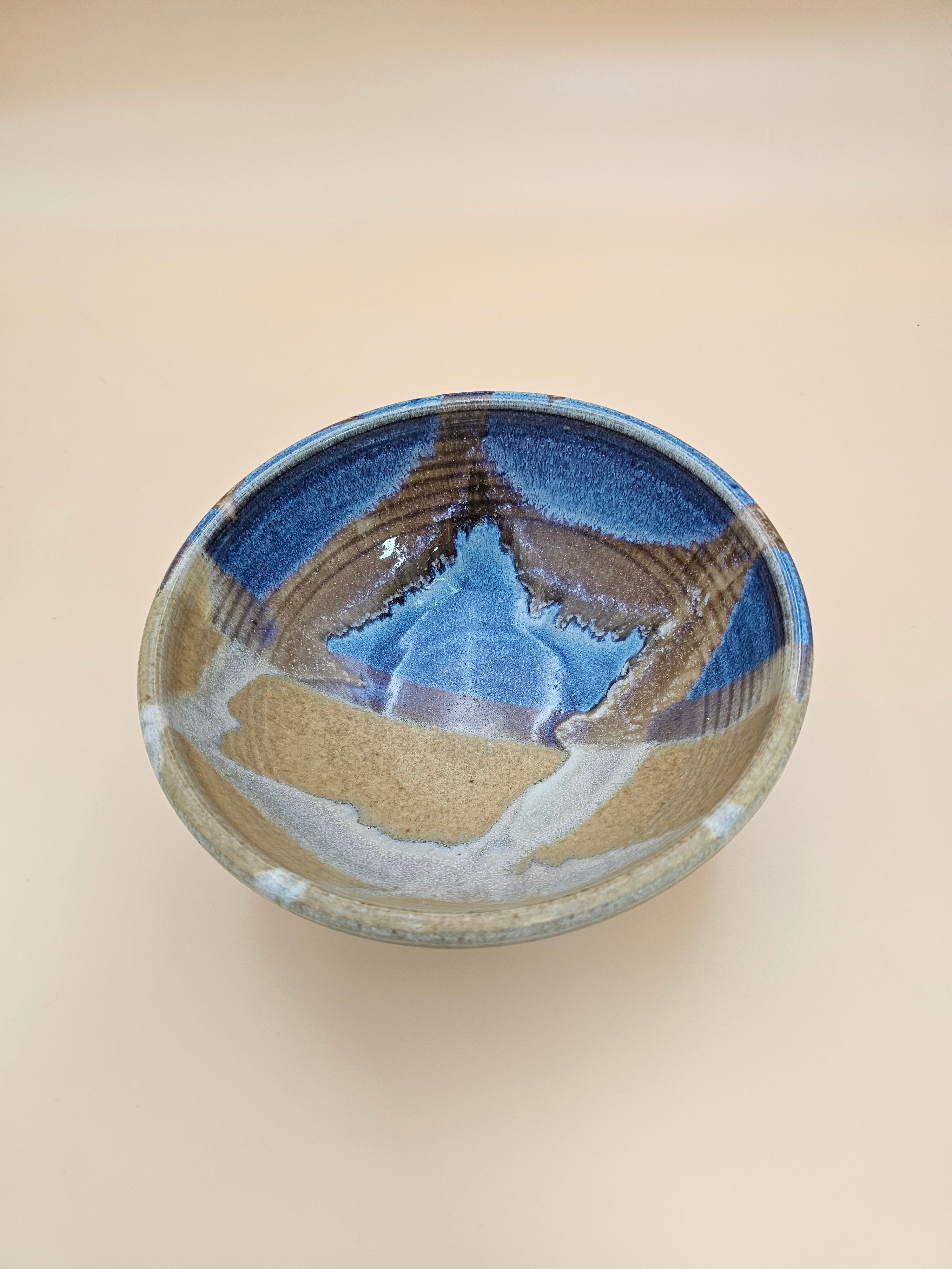 Studio Pottery Bowl Blue Brown Tan Glazed Stoneware 8 Inch