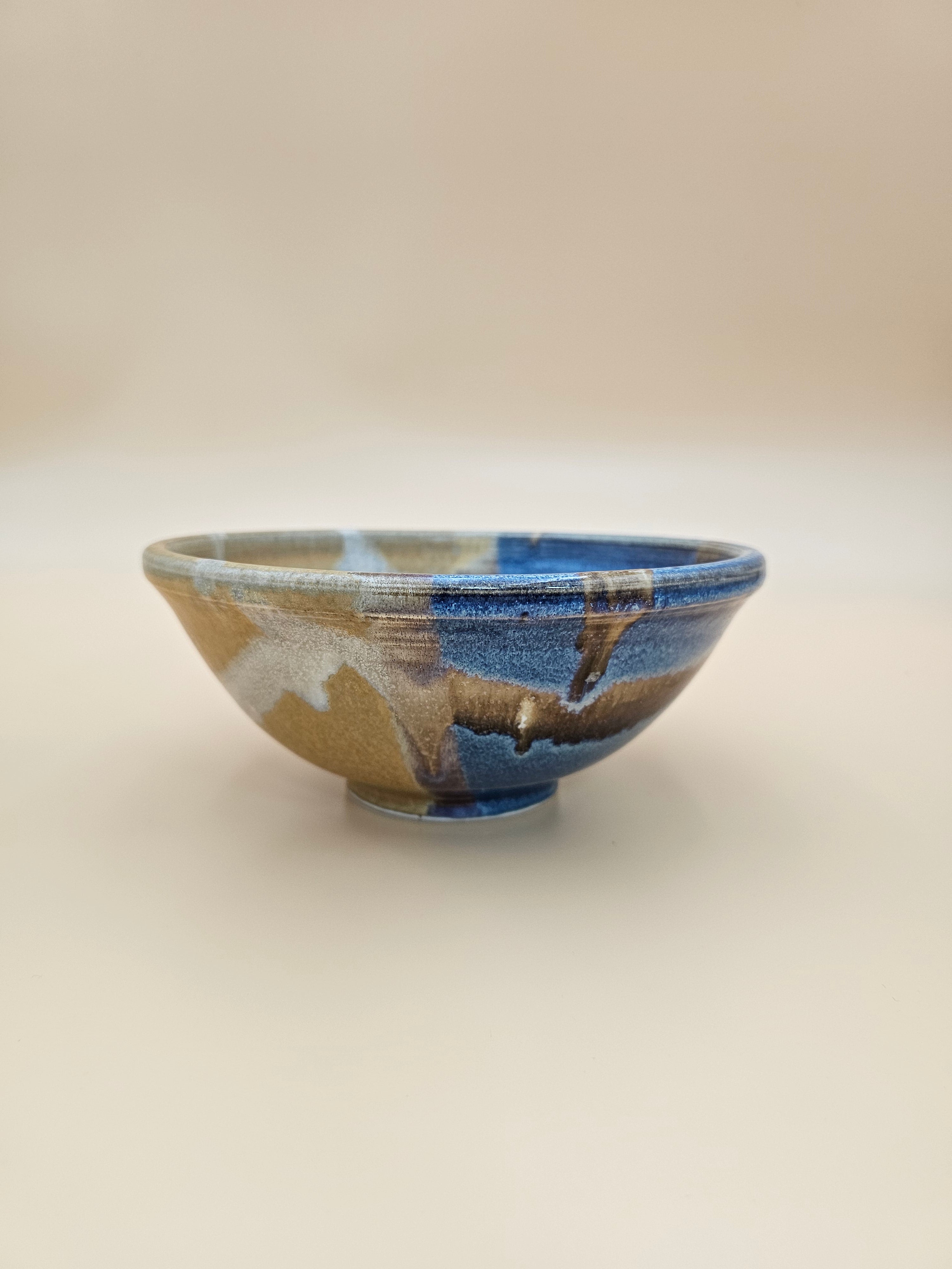 Studio Pottery Bowl Blue Brown Tan Glazed Stoneware 8 Inch