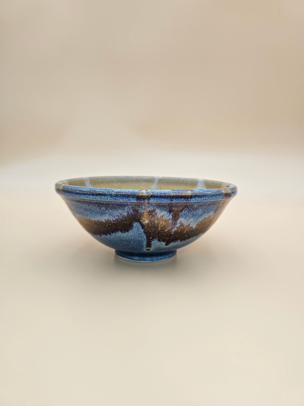 Studio Pottery Bowl Blue Brown Tan Glazed Stoneware 8 Inch