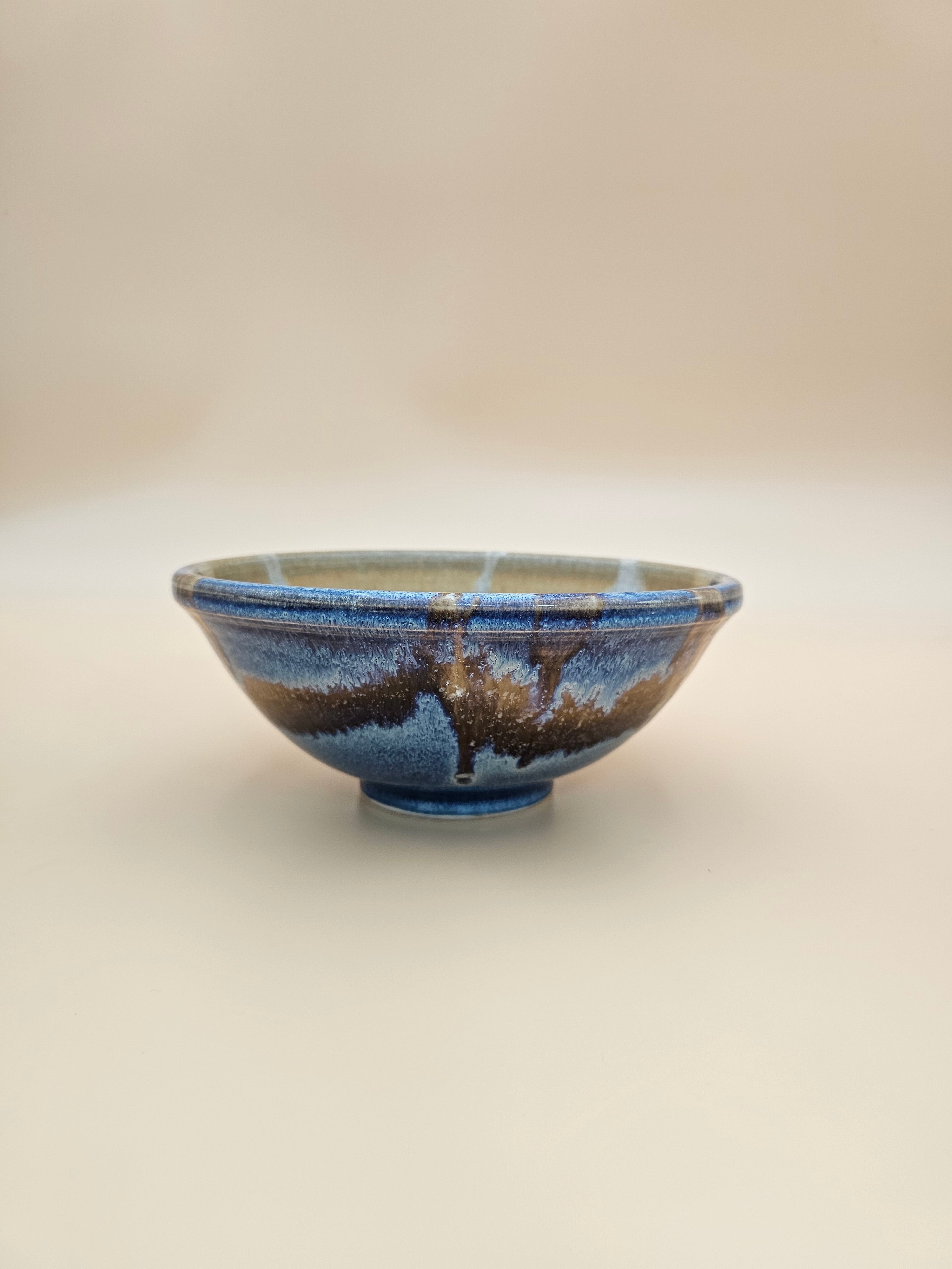 Studio Pottery Bowl Blue Brown Tan Glazed Stoneware 8 Inch
