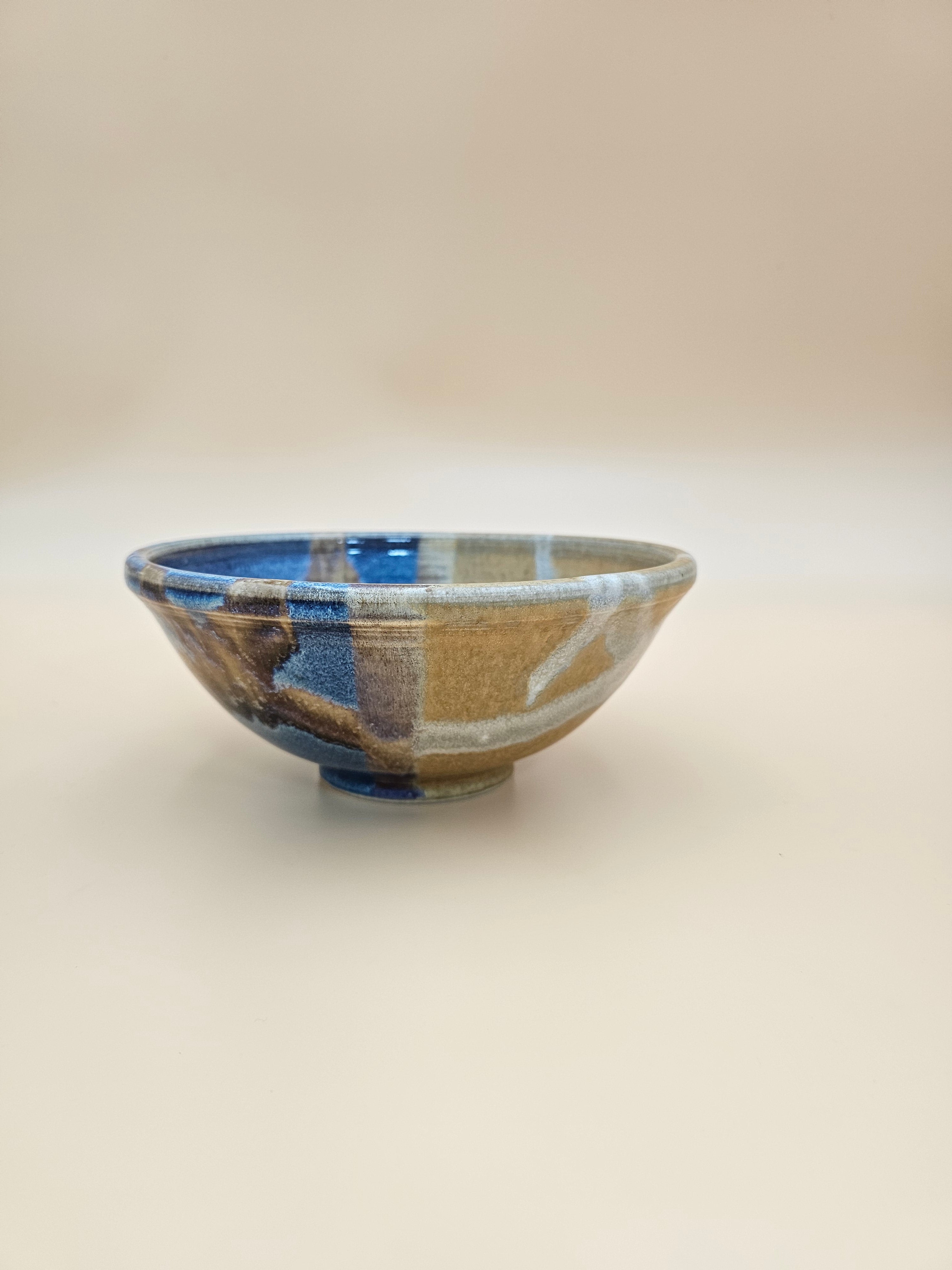 Studio Pottery Bowl Blue Brown Tan Glazed Stoneware 8 Inch