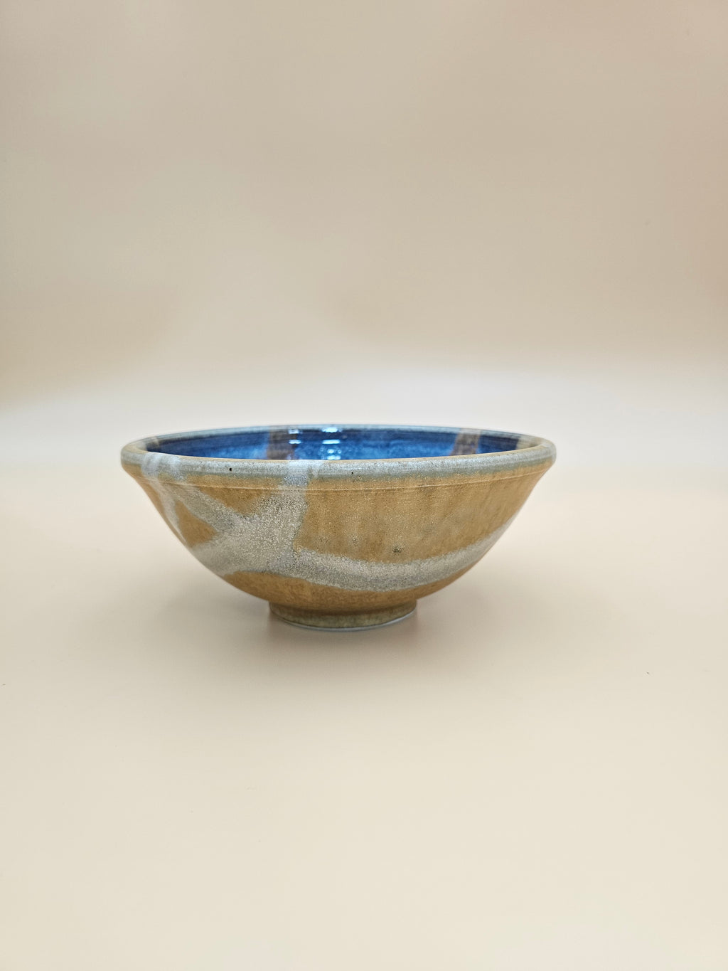 Studio Pottery Bowl Blue Brown Tan Glazed Stoneware 8 Inch