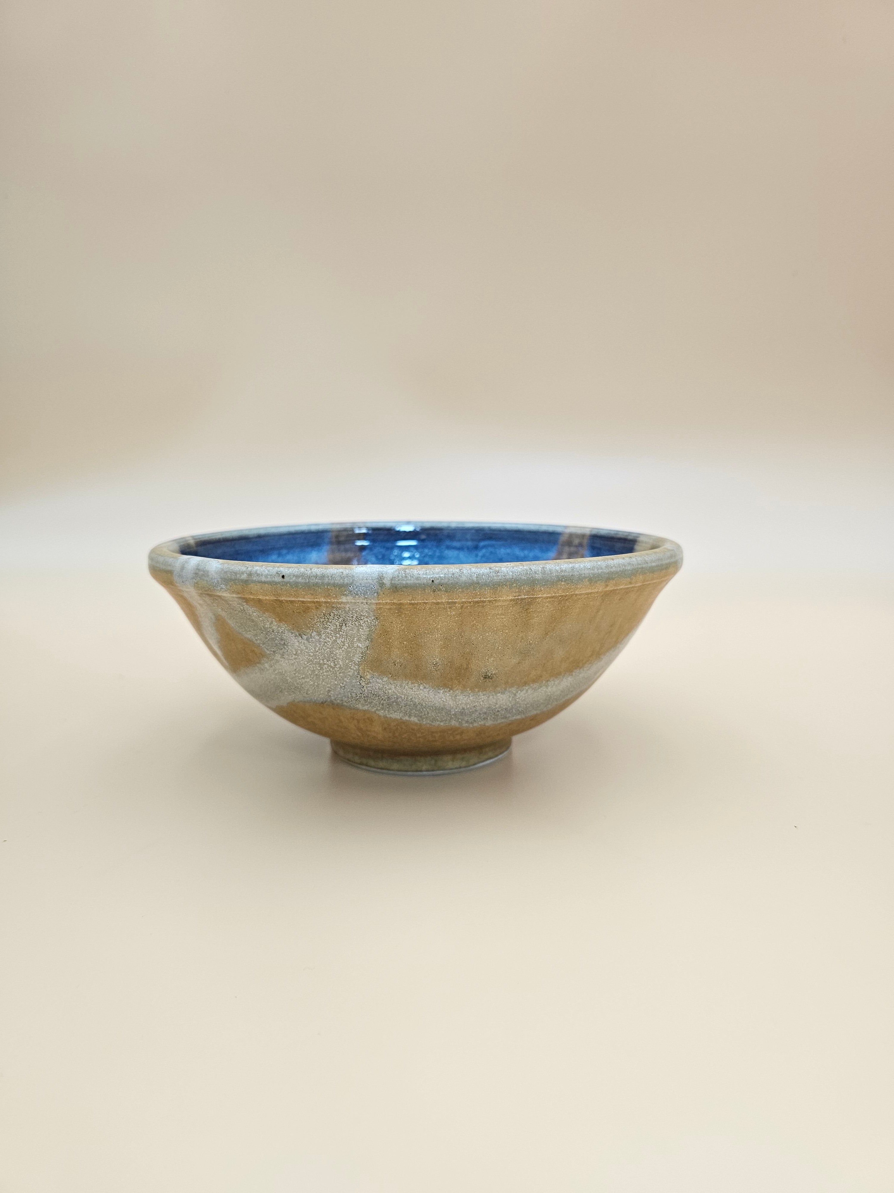 Studio Pottery Bowl Blue Brown Tan Glazed Stoneware 8 Inch