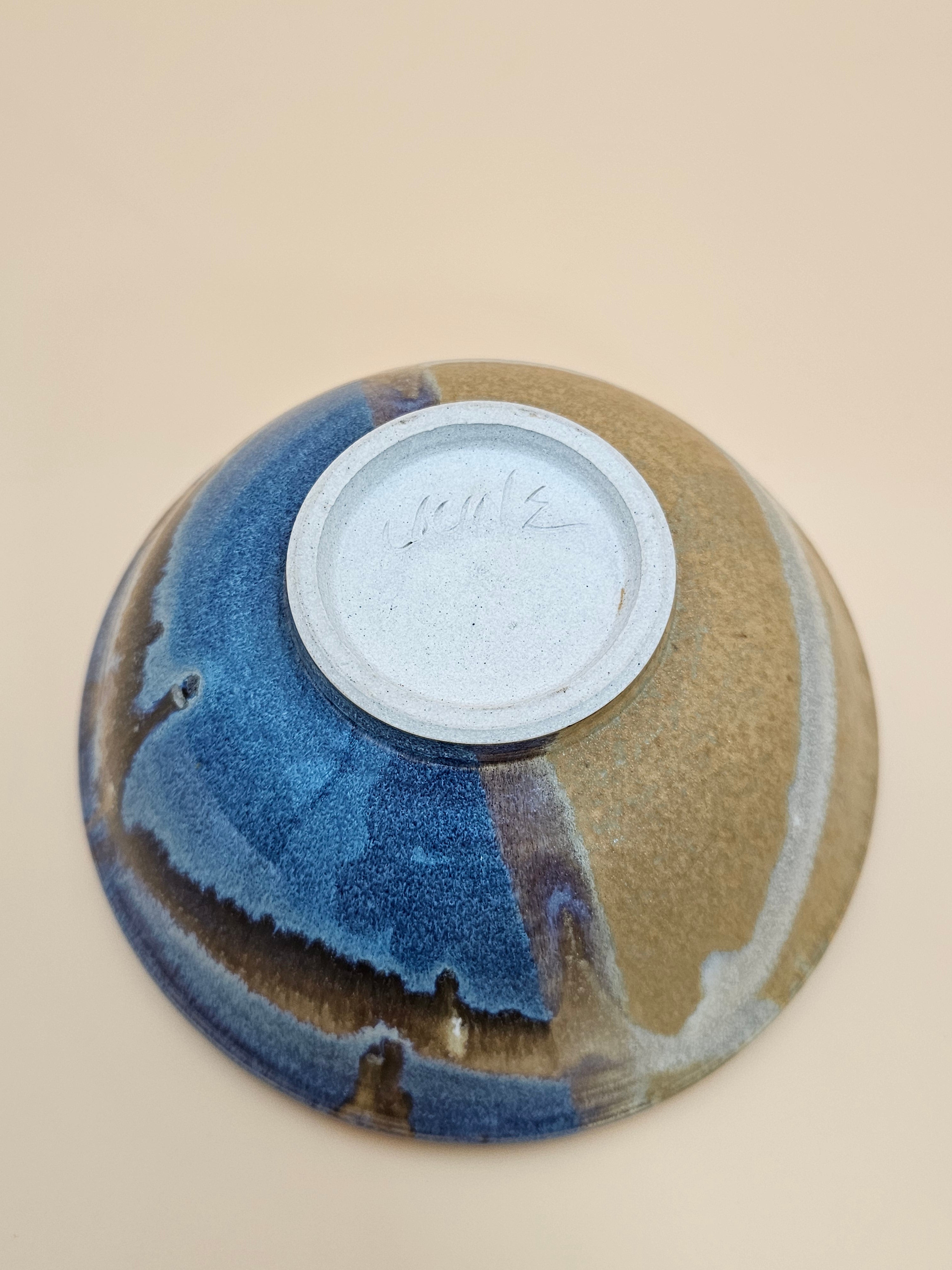 Studio Pottery Bowl Blue Brown Tan Glazed Stoneware 8 Inch