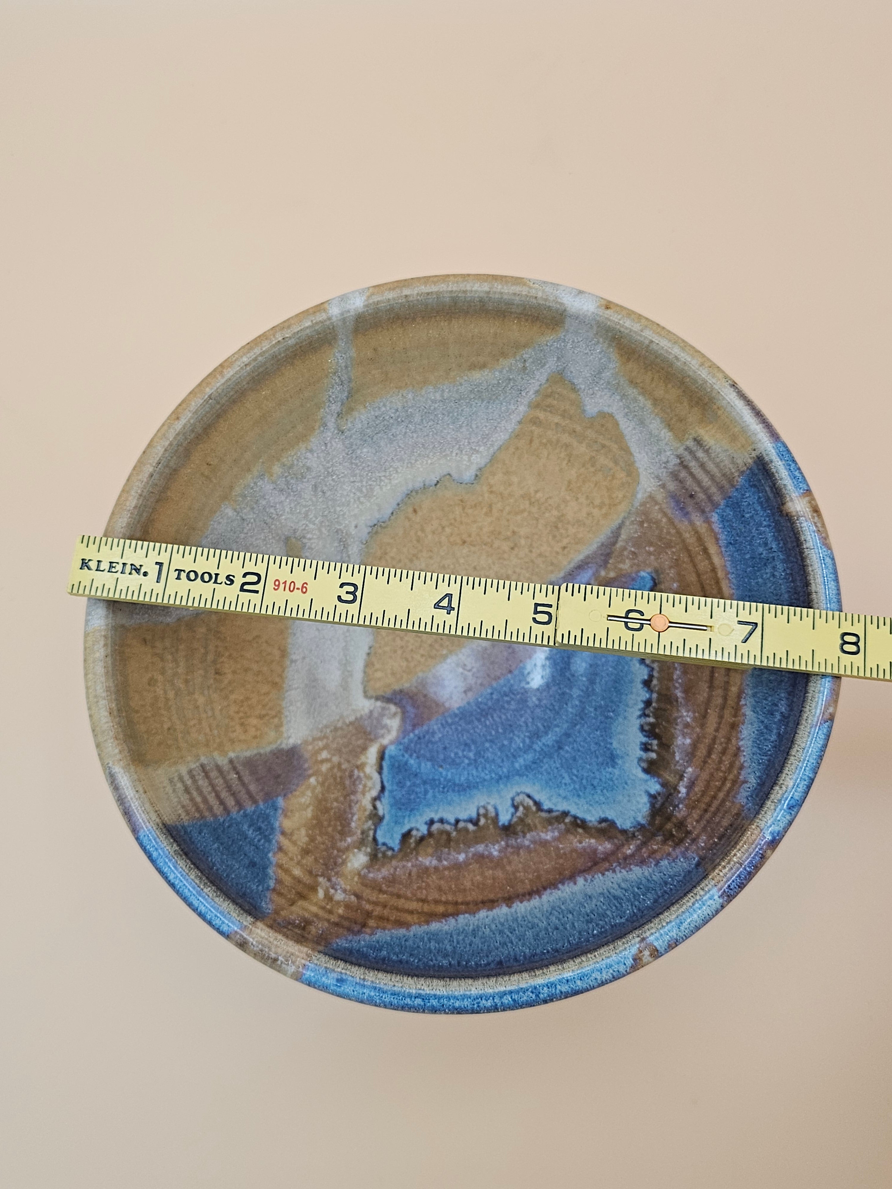 Studio Pottery Bowl Blue Brown Tan Glazed Stoneware 8 Inch
