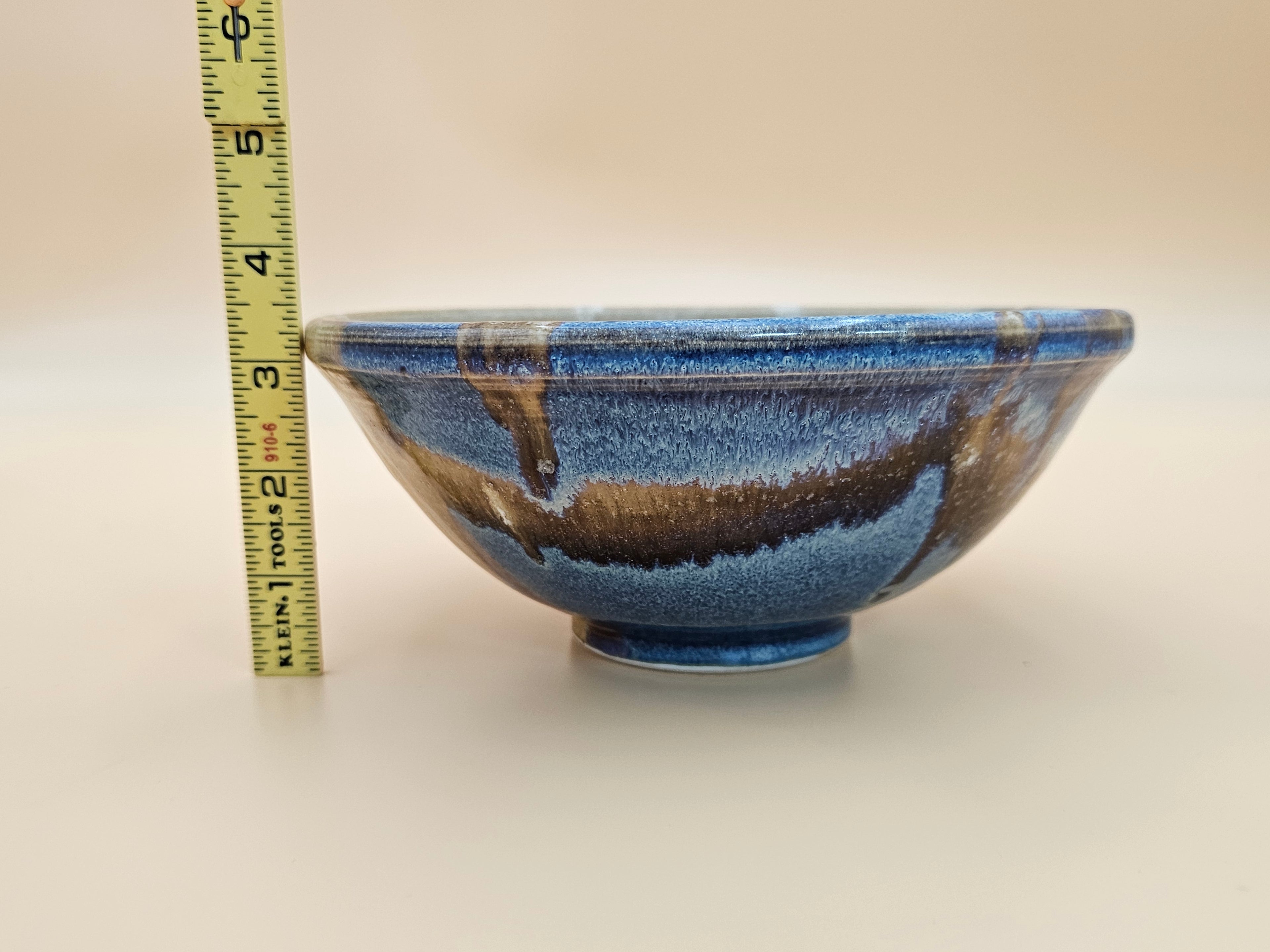 Studio Pottery Bowl Blue Brown Tan Glazed Stoneware 8 Inch