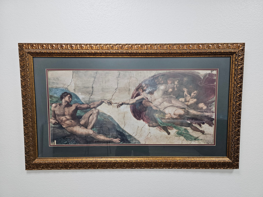 Large Framed Michelangelo Creation of Adam Print Gold Ornate Frame 50 x 29 Wall Art