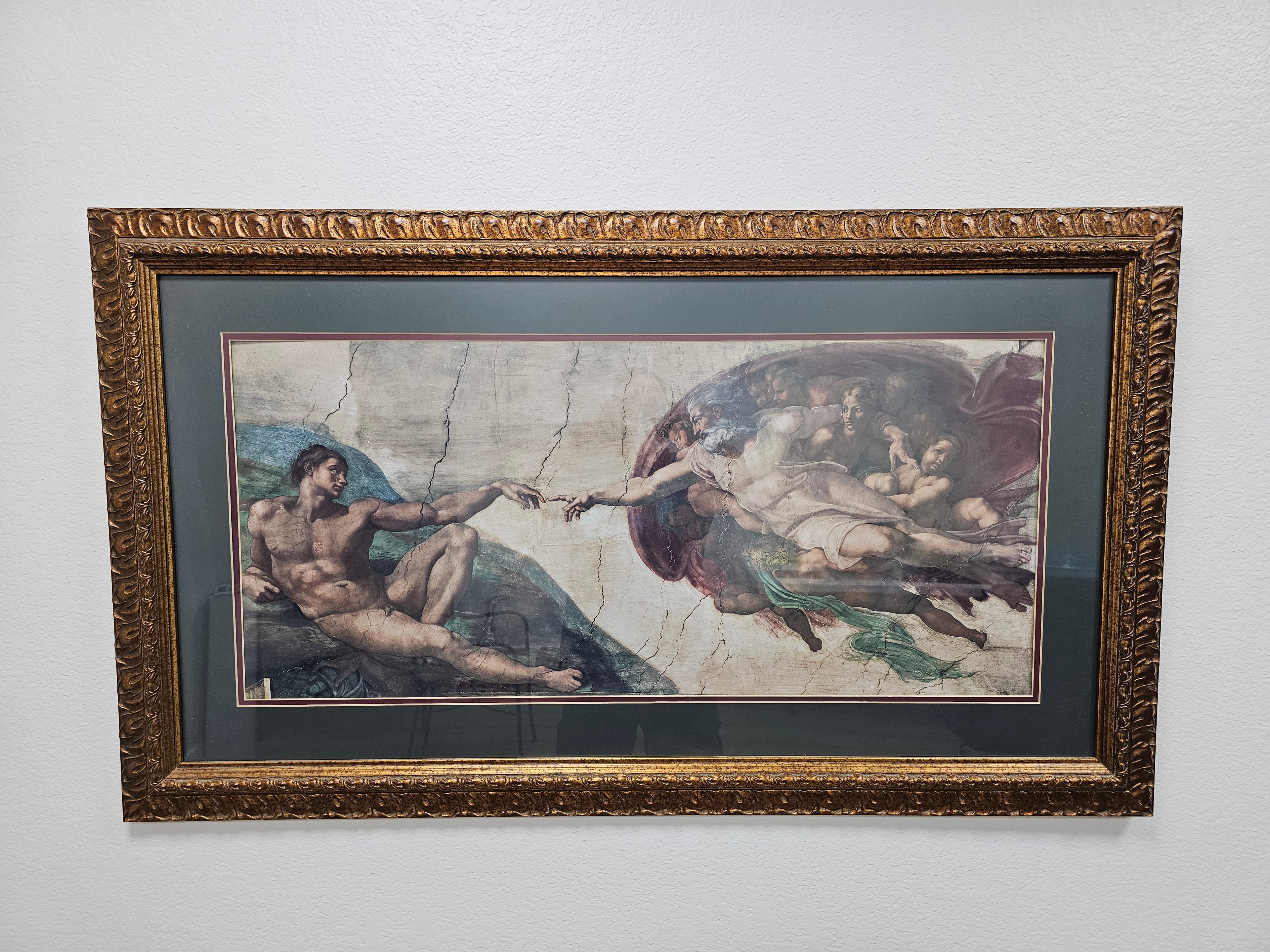 Large Framed Michelangelo Creation of Adam Print Gold Ornate Frame 50 x 29 Wall Art