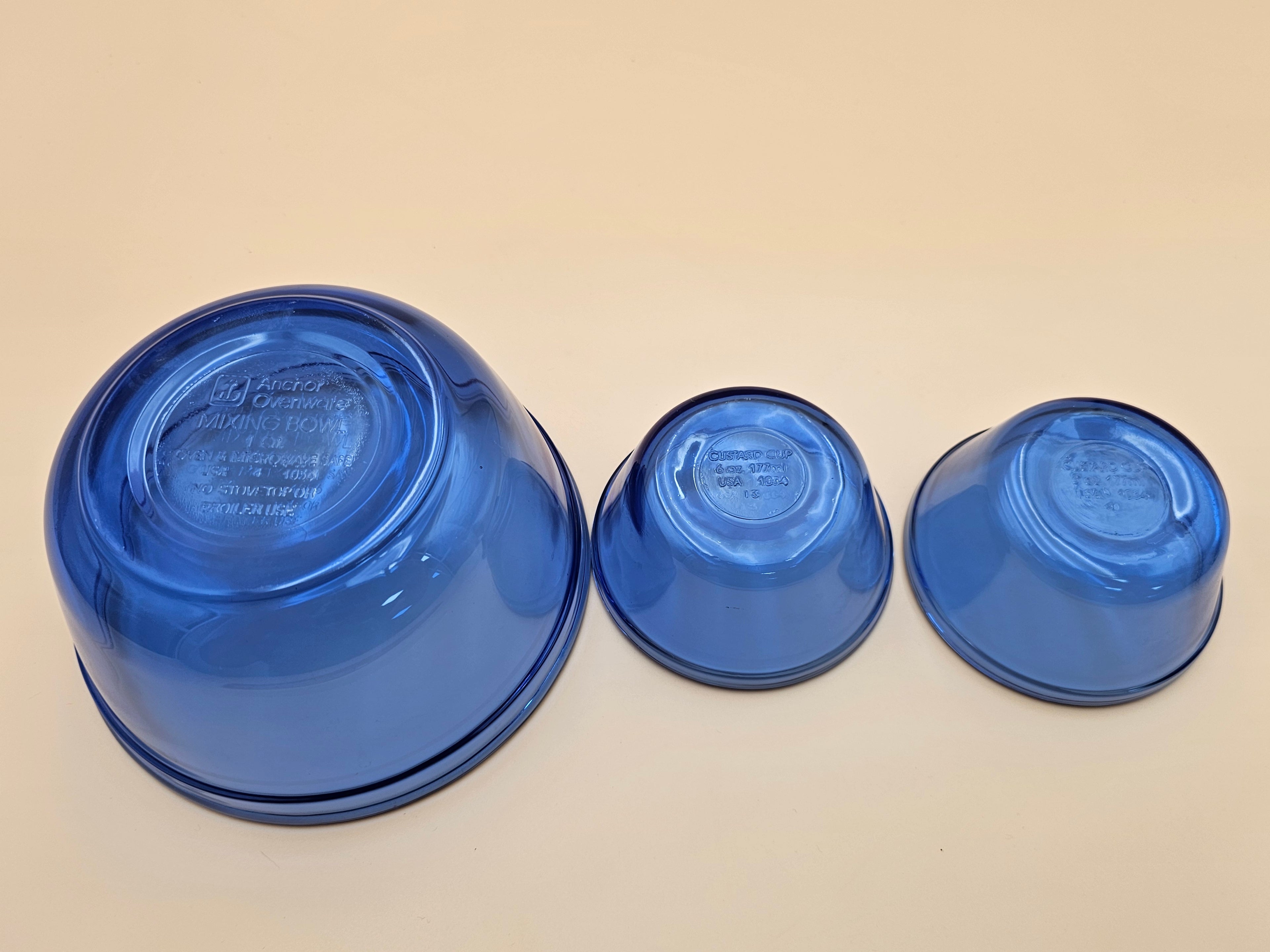 Anchor Hocking Cobalt Blue Glass Mixing Bowl & Custard Cups Set of 3