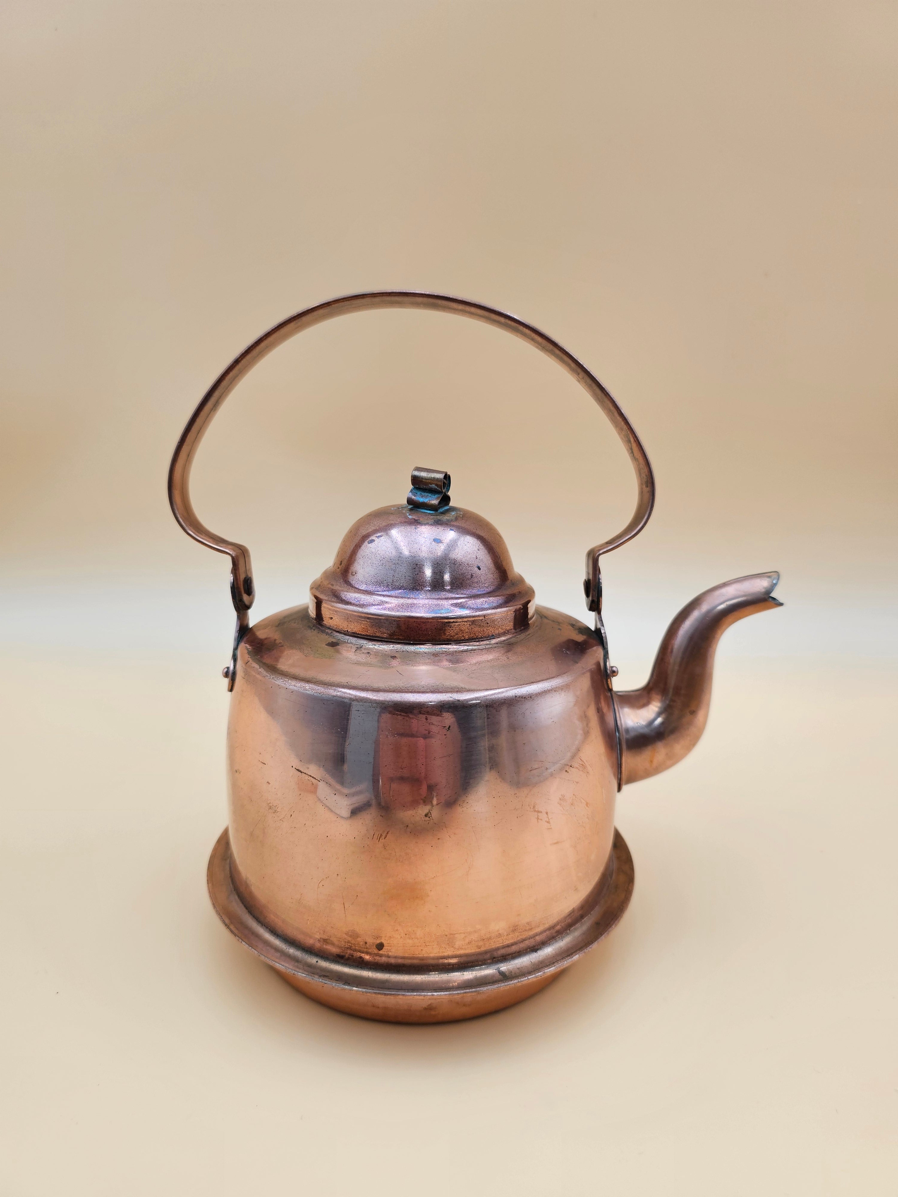 Vintage Tin-Lined Copper Tea Kettle with Swing Handle and Patina