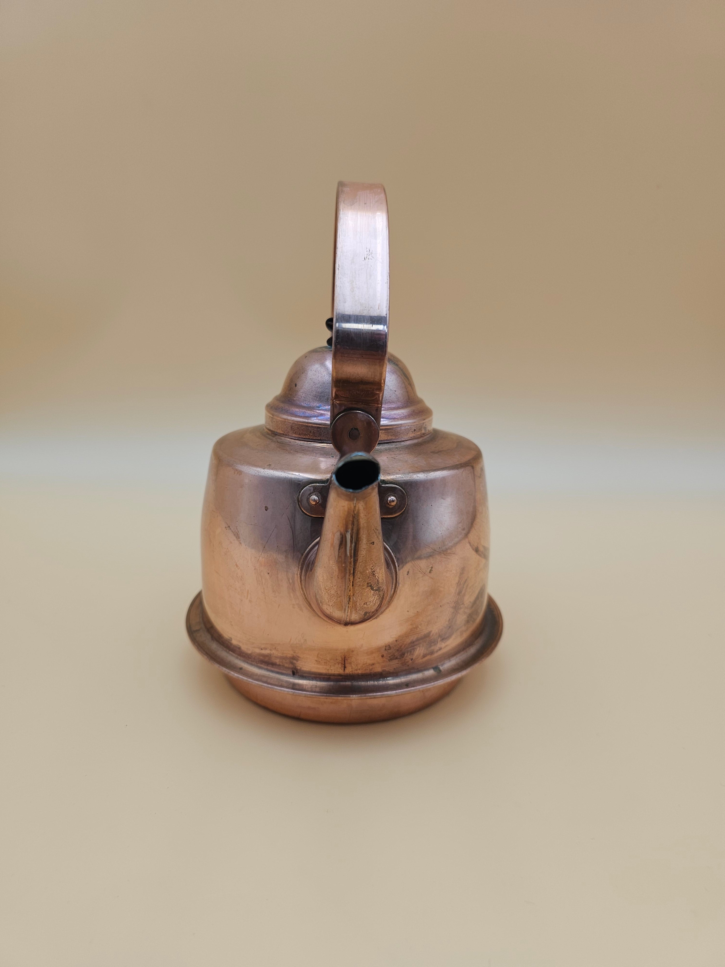Vintage Tin-Lined Copper Tea Kettle with Swing Handle and Patina