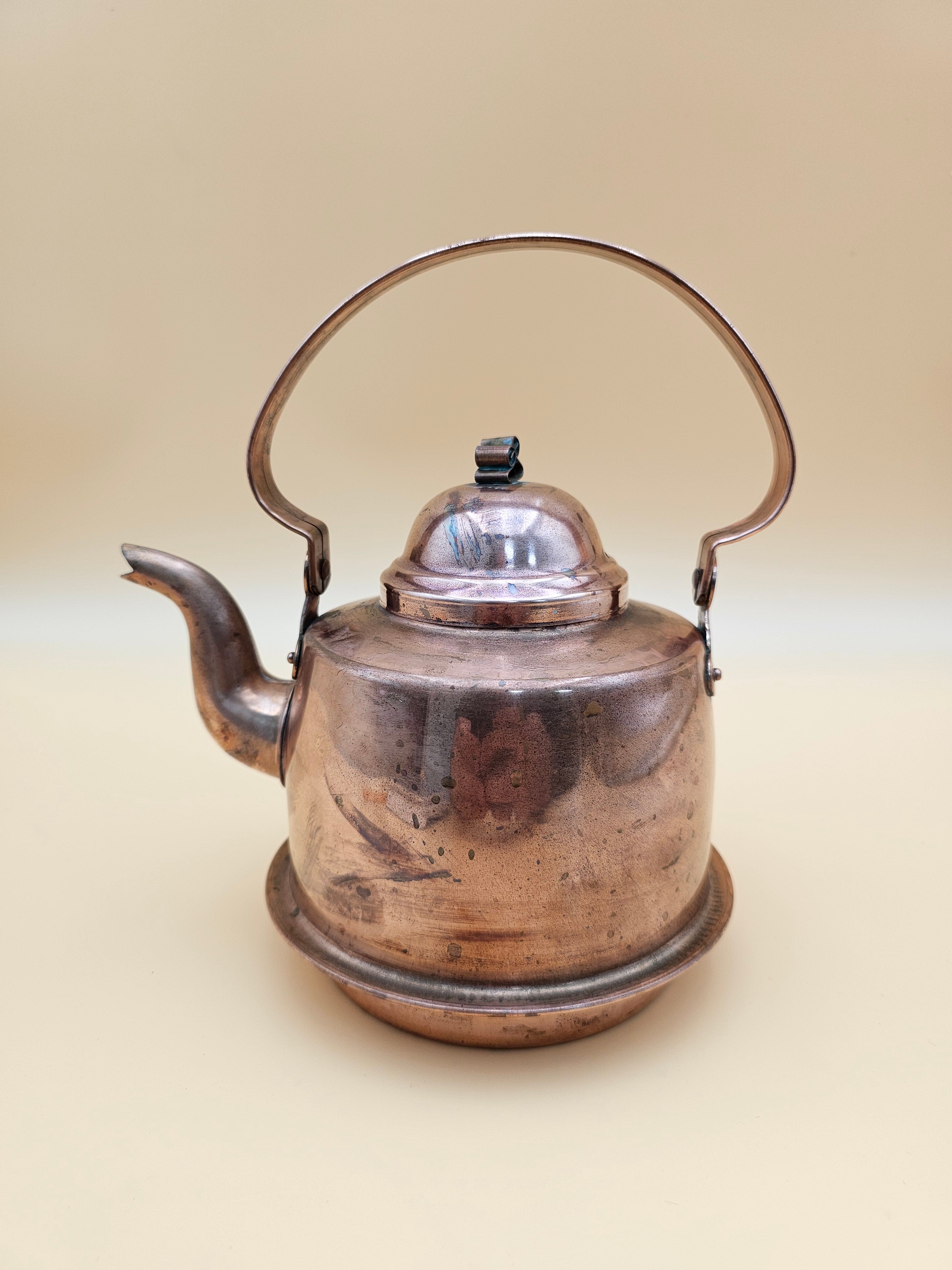 Vintage Tin-Lined Copper Tea Kettle with Swing Handle and Patina