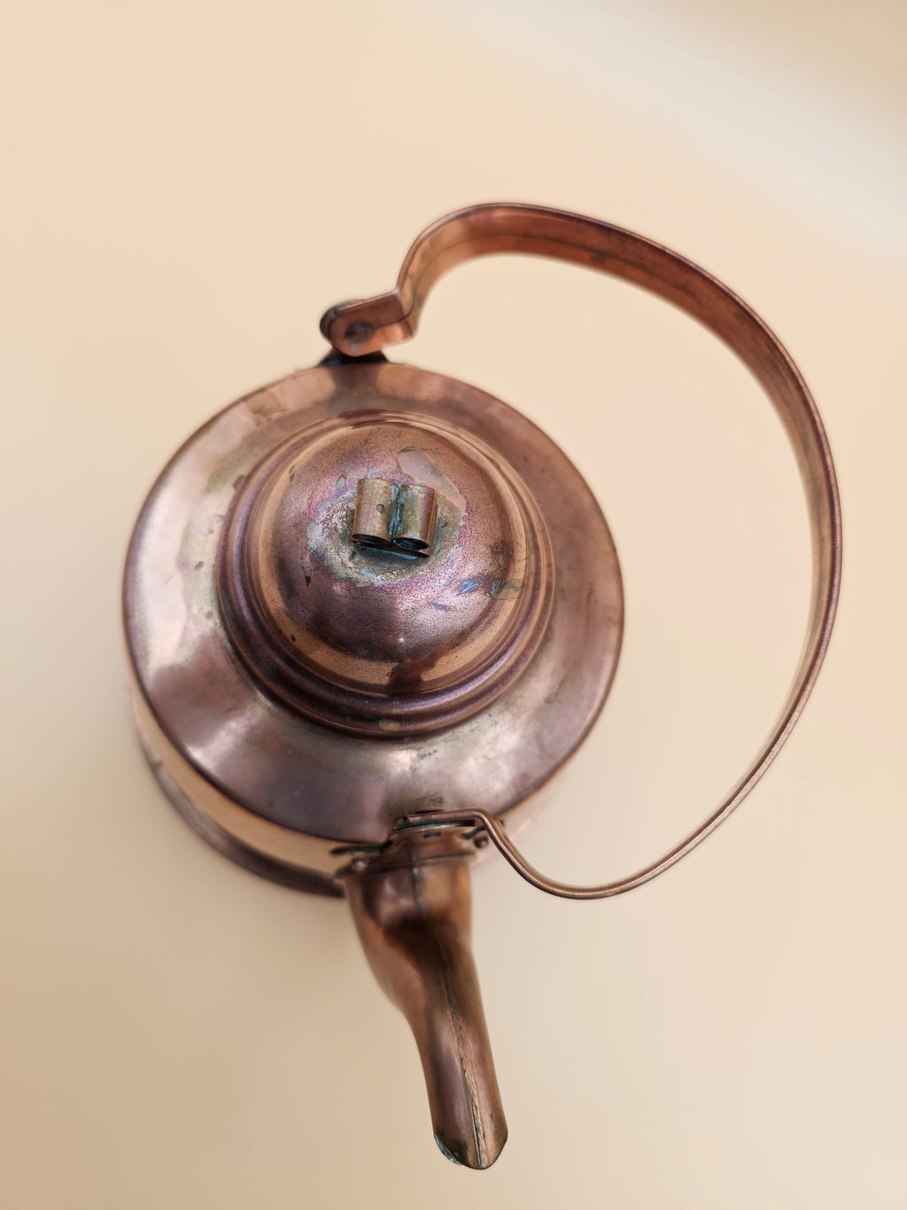 Vintage Tin-Lined Copper Tea Kettle with Swing Handle and Patina
