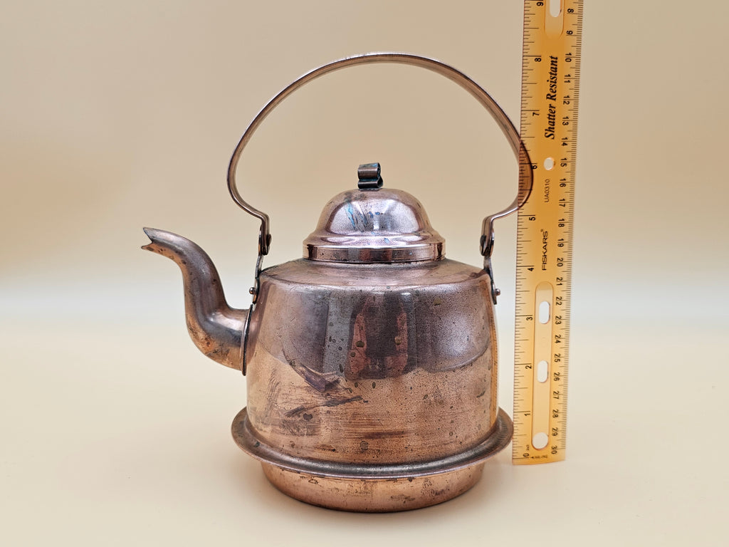 Vintage Tin-Lined Copper Tea Kettle with Swing Handle and Patina