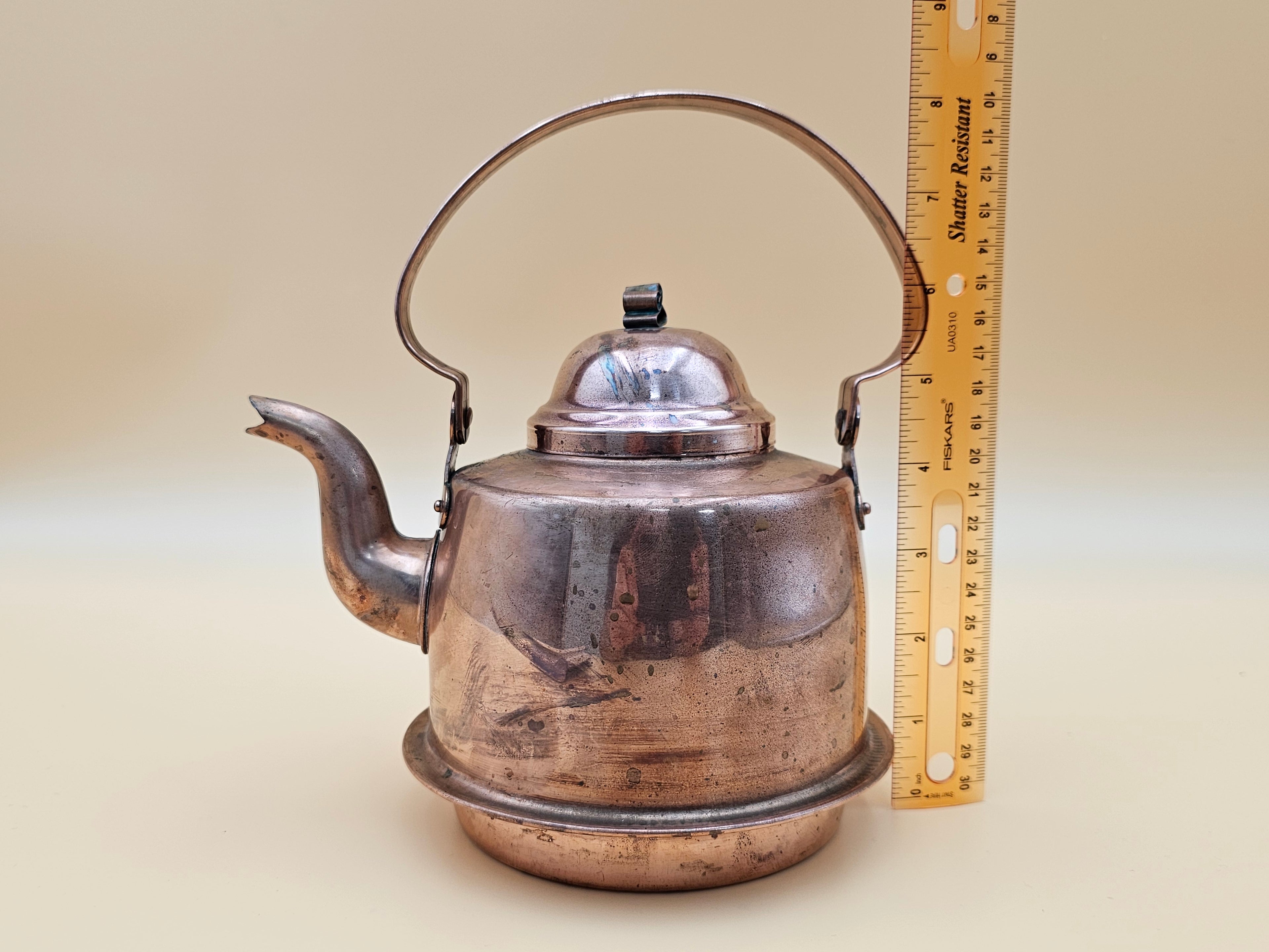 Vintage Tin-Lined Copper Tea Kettle with Swing Handle and Patina