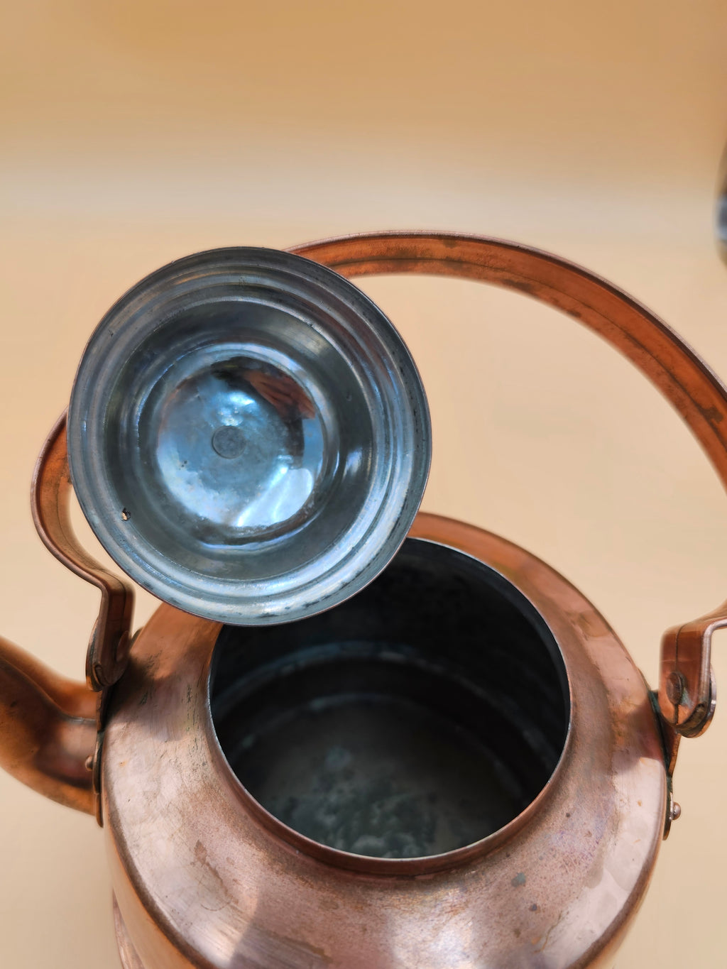 Vintage Tin-Lined Copper Tea Kettle with Swing Handle and Patina