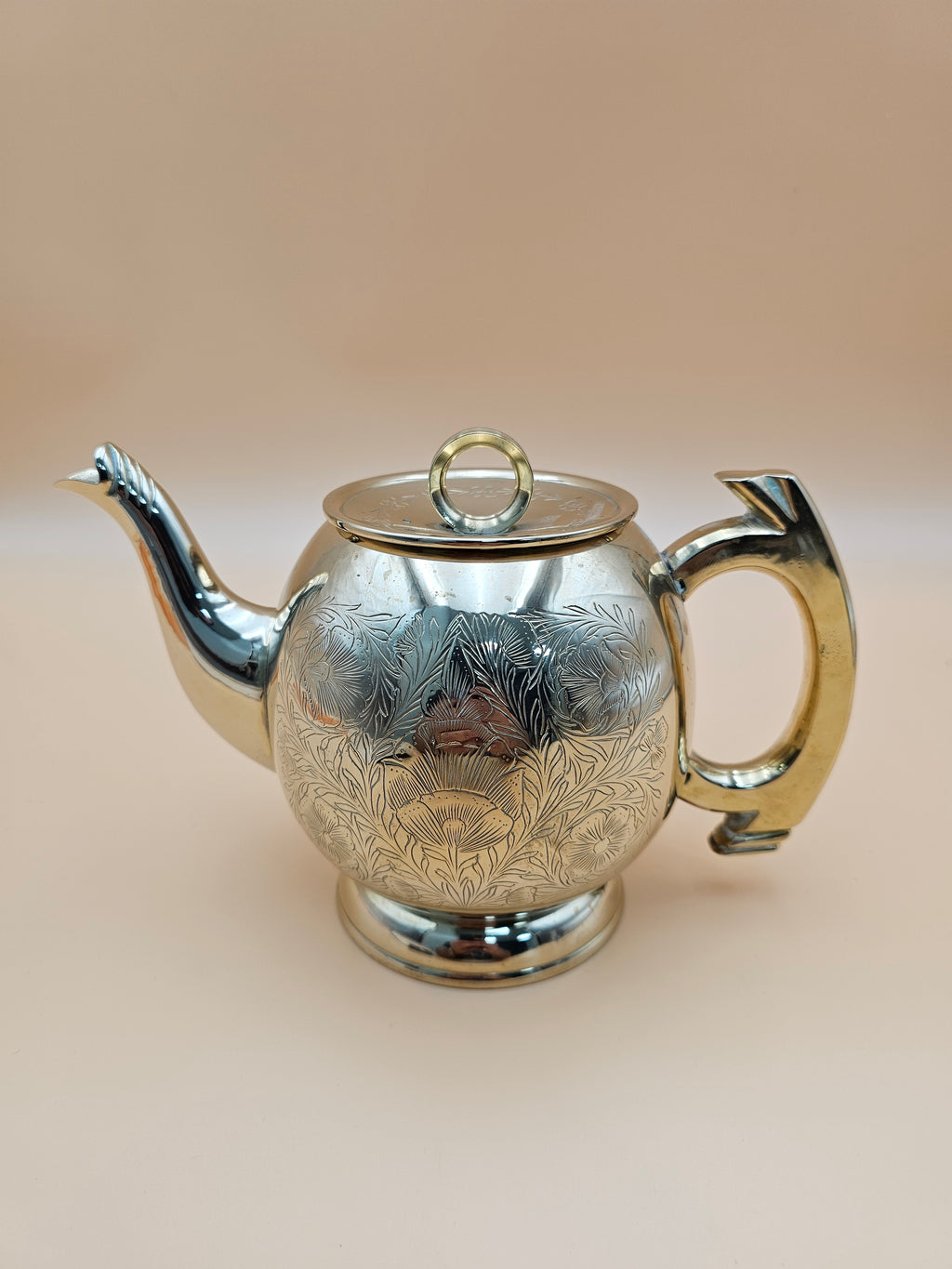 Vintage Engraved Silver-Tone Brass Teapot with Floral Design