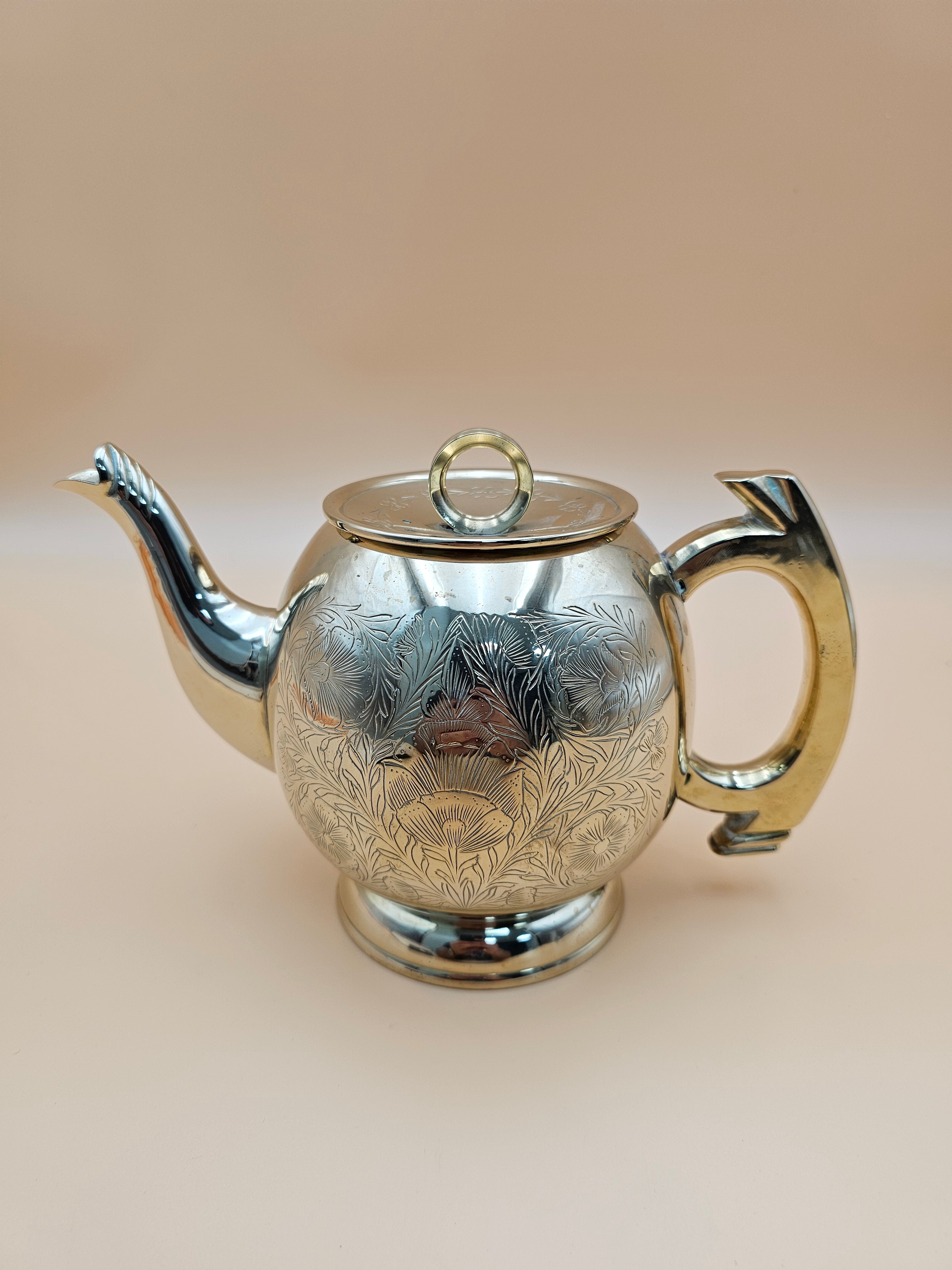 Vintage Engraved Silver-Tone Brass Teapot with Floral Design