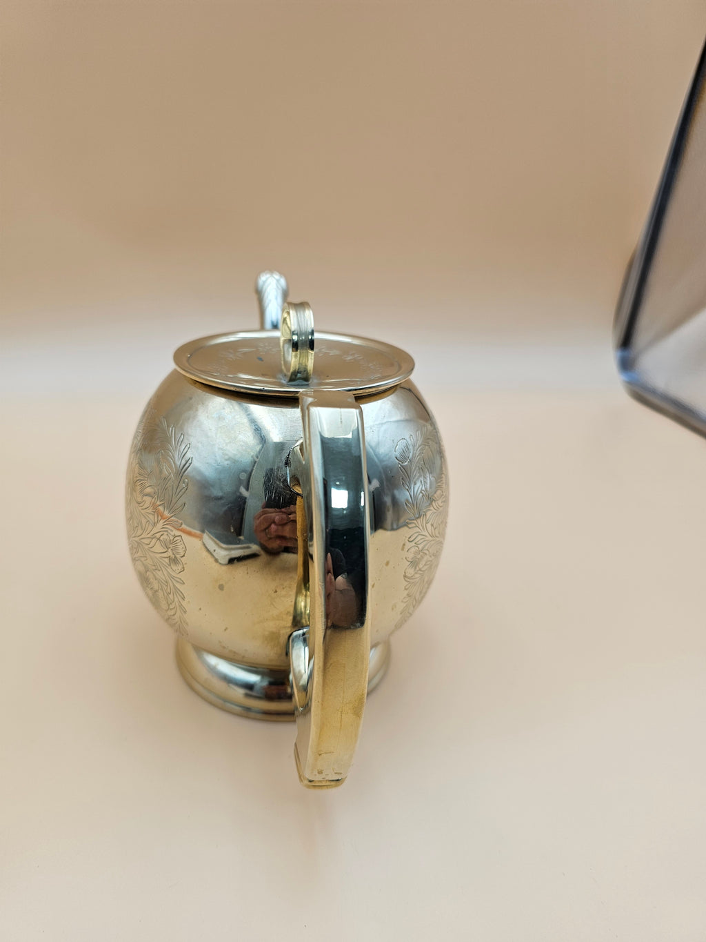 Vintage Engraved Silver-Tone Brass Teapot with Floral Design