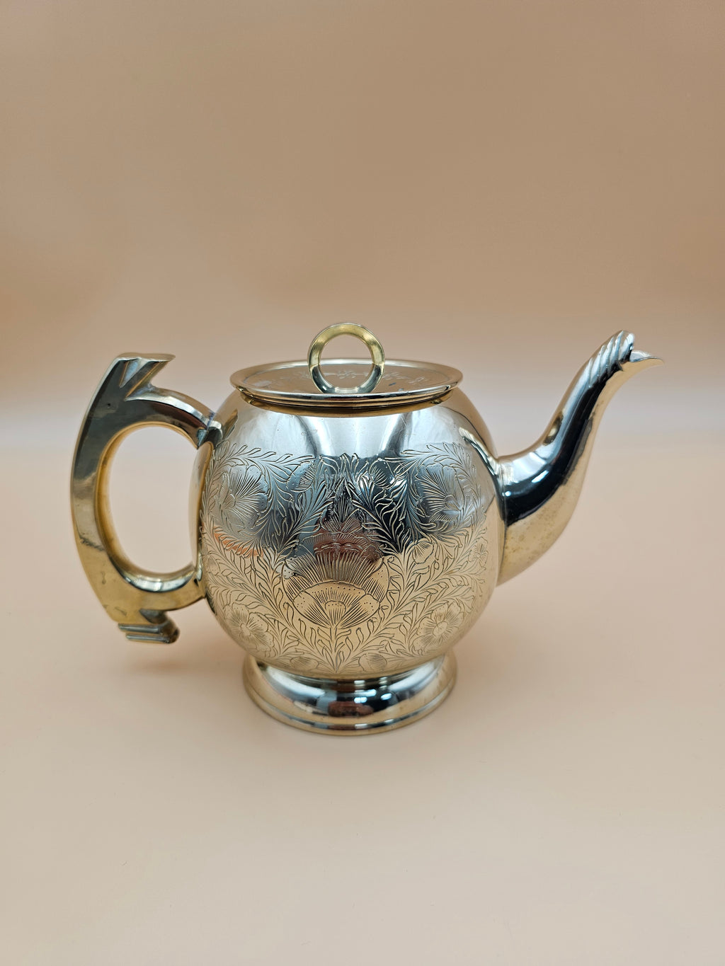 Vintage Engraved Silver-Tone Brass Teapot with Floral Design