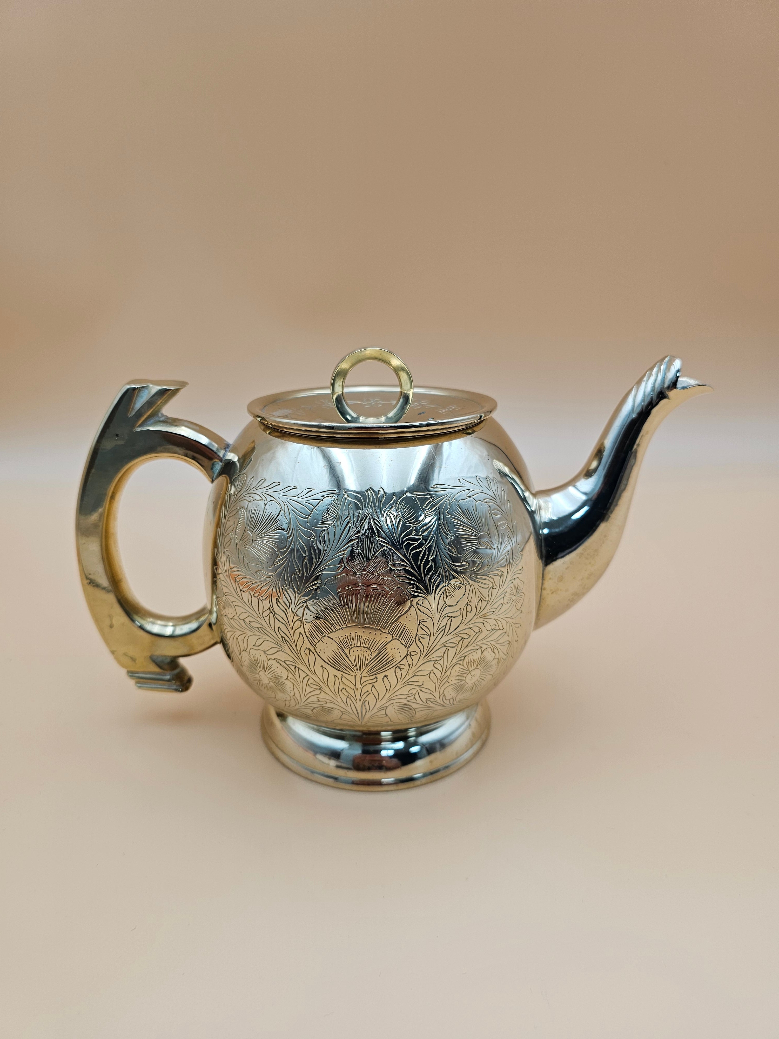 Vintage Engraved Silver-Tone Brass Teapot with Floral Design
