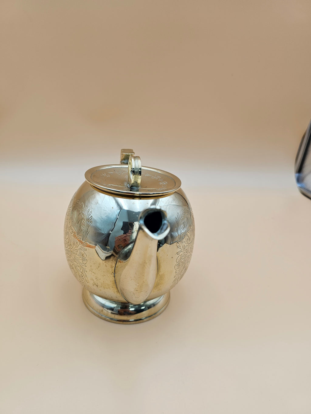 Vintage Engraved Silver-Tone Brass Teapot with Floral Design