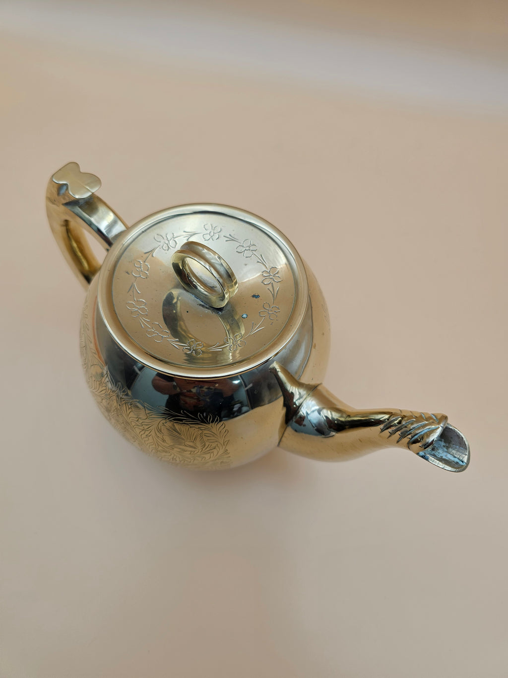 Vintage Engraved Silver-Tone Brass Teapot with Floral Design