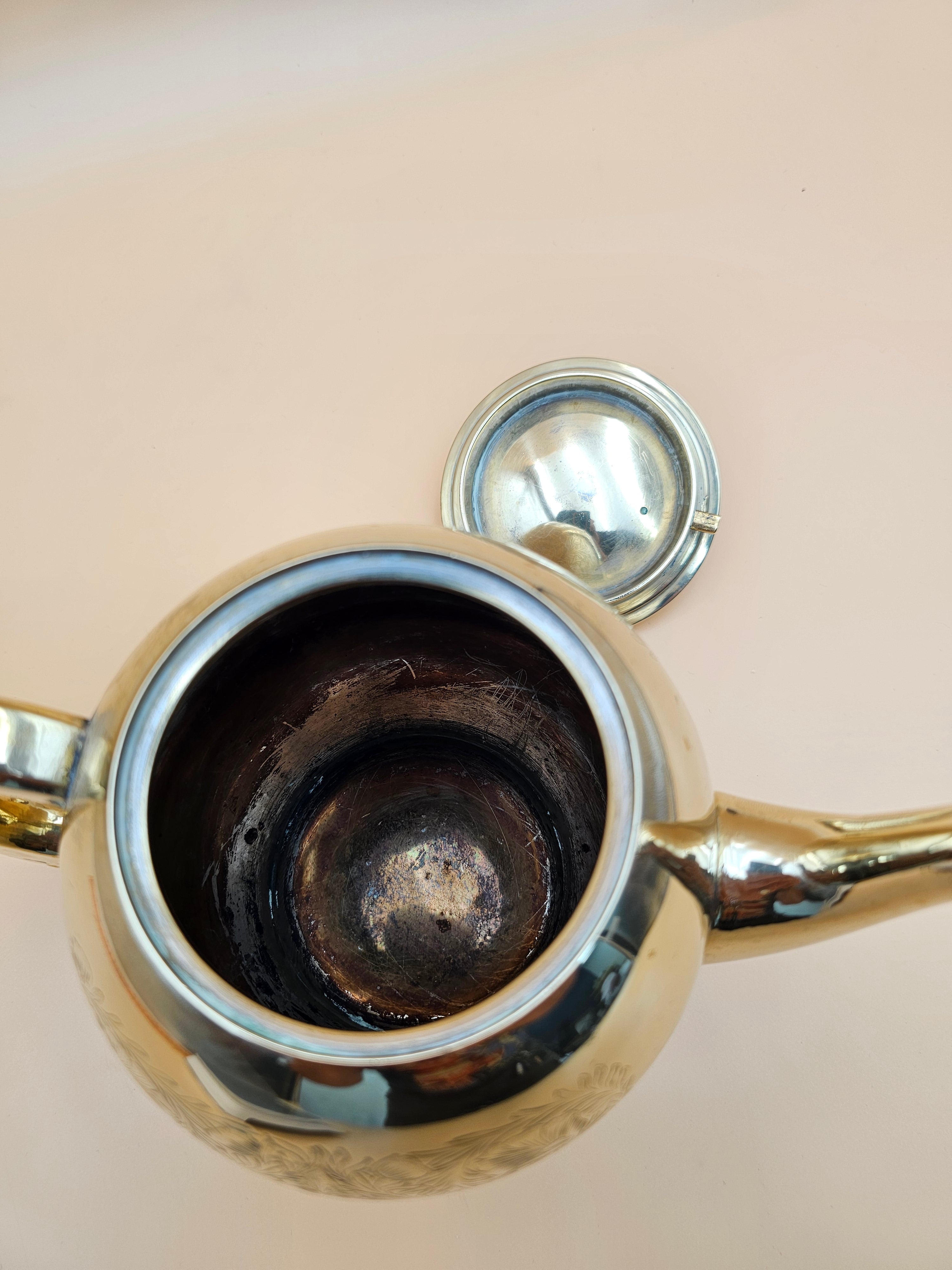 Vintage Engraved Silver-Tone Brass Teapot with Floral Design