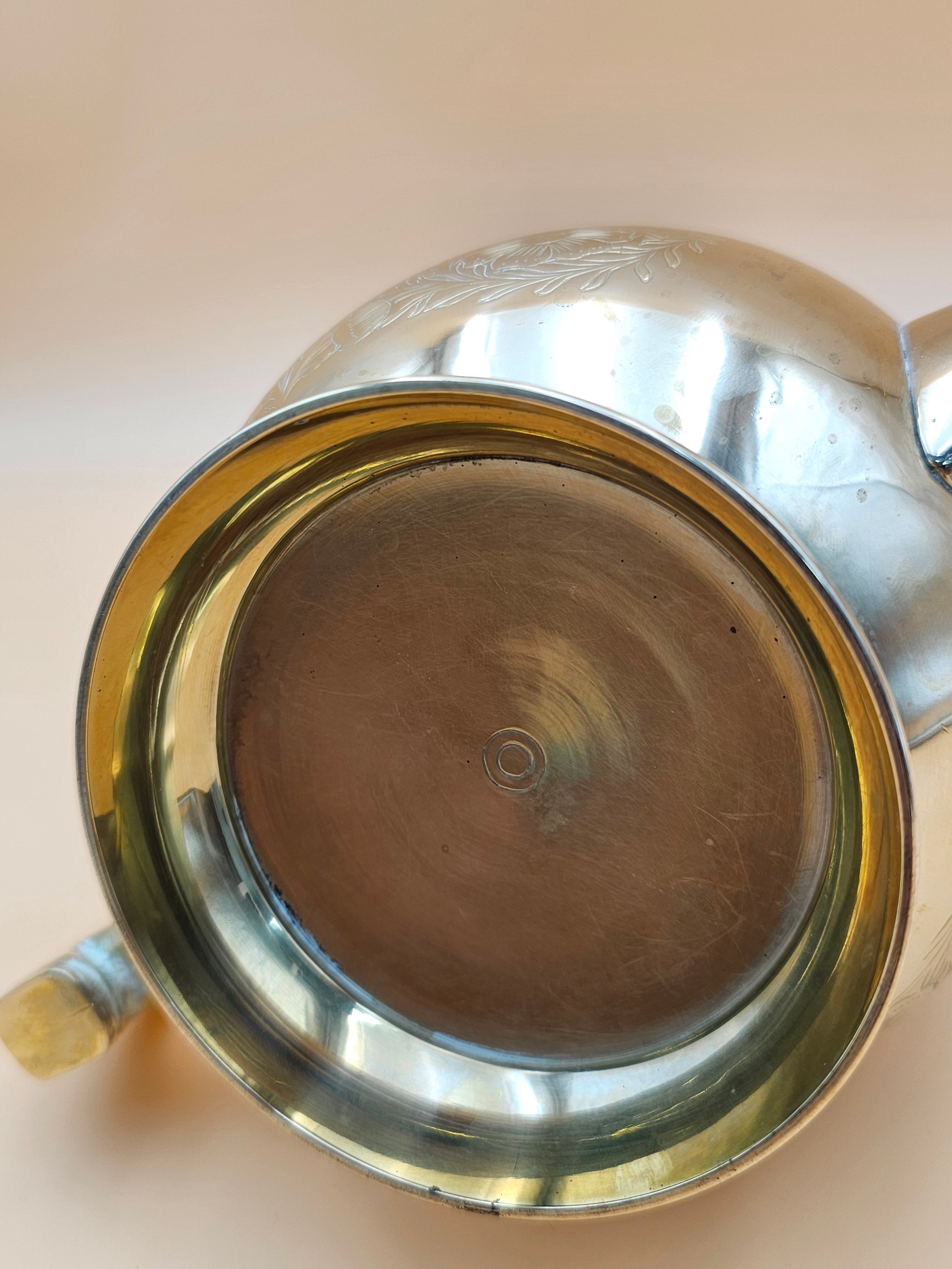 Vintage Engraved Silver-Tone Brass Teapot with Floral Design