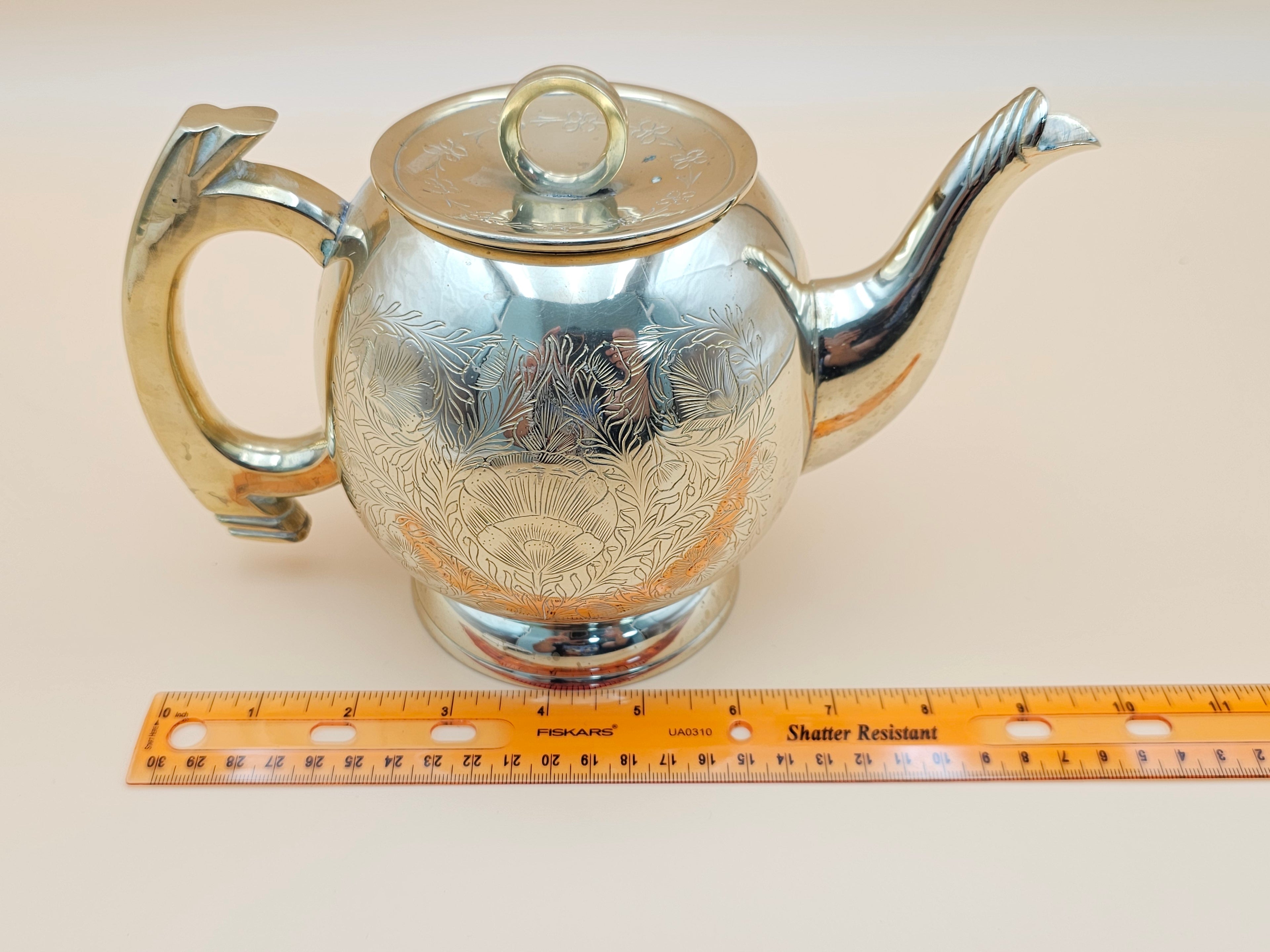 Vintage Engraved Silver-Tone Brass Teapot with Floral Design