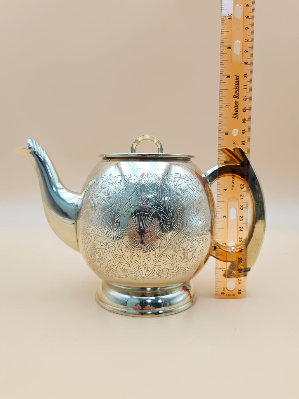 Vintage Engraved Silver-Tone Brass Teapot with Floral Design