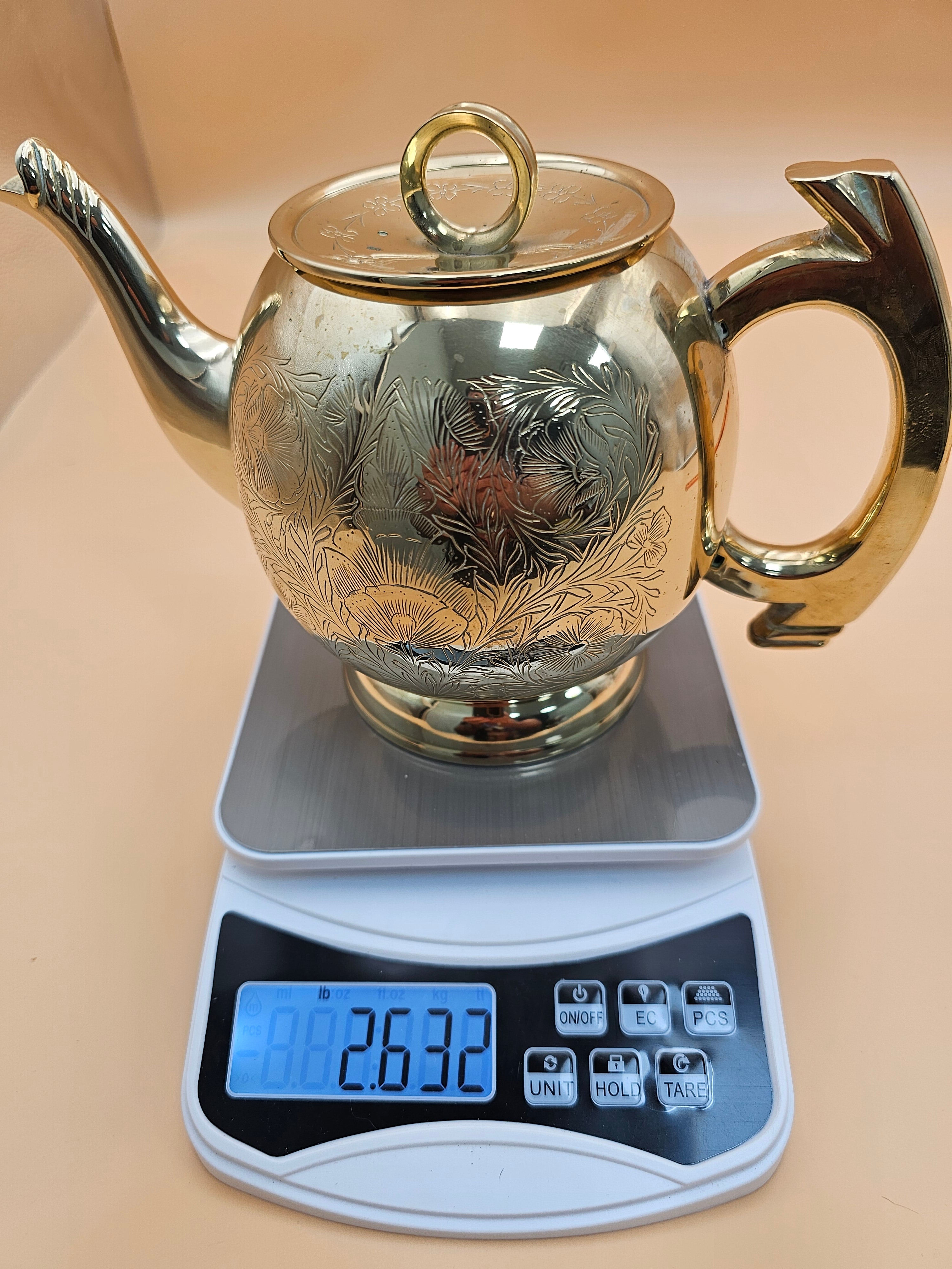 Vintage Engraved Silver-Tone Brass Teapot with Floral Design