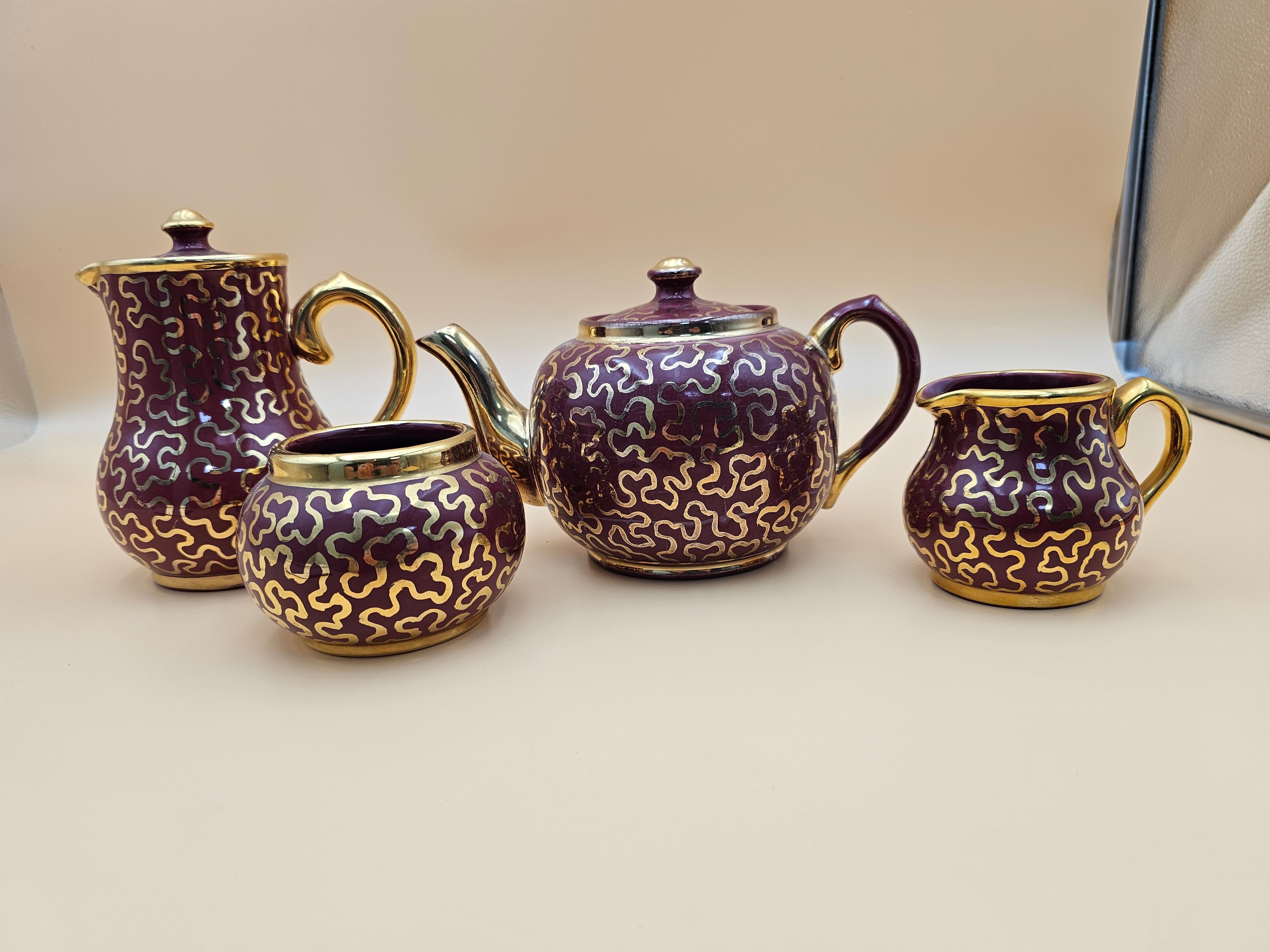 Vintage Sudlow’s Burslem England 4-Piece Burgundy & Gold Tea Set 0657 C