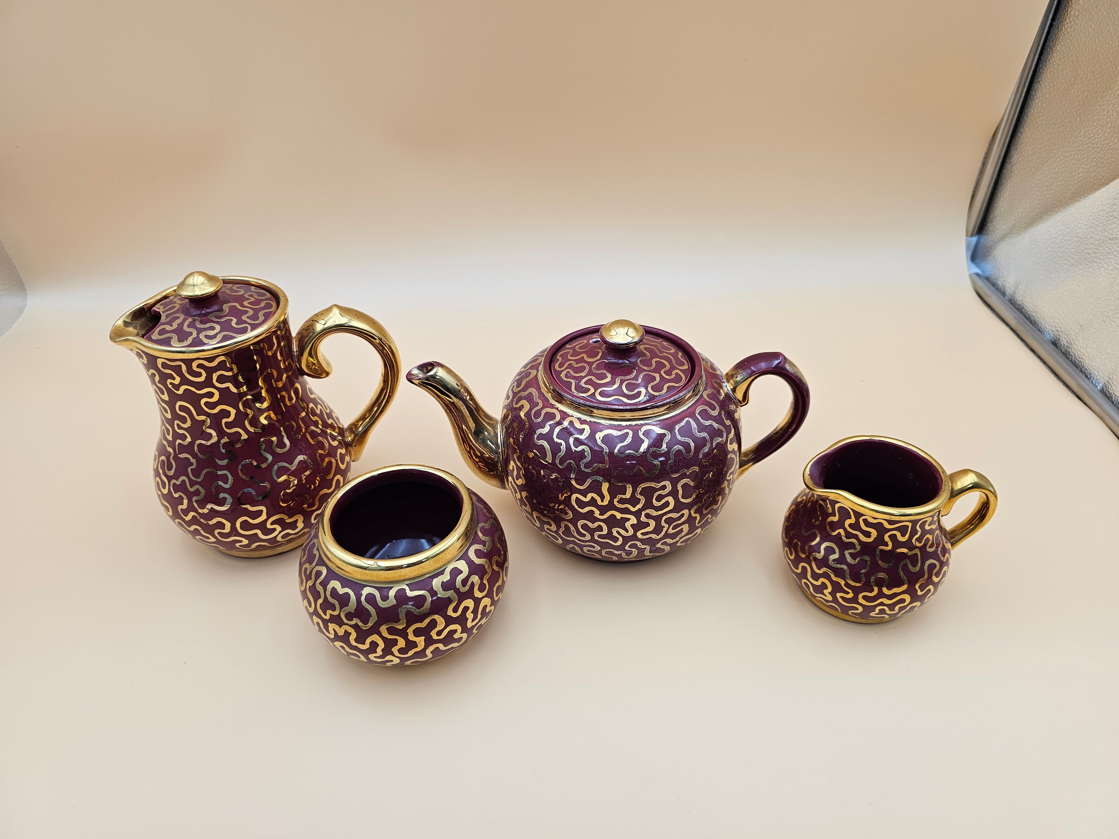 Vintage Sudlow’s Burslem England 4-Piece Burgundy & Gold Tea Set 0657 C