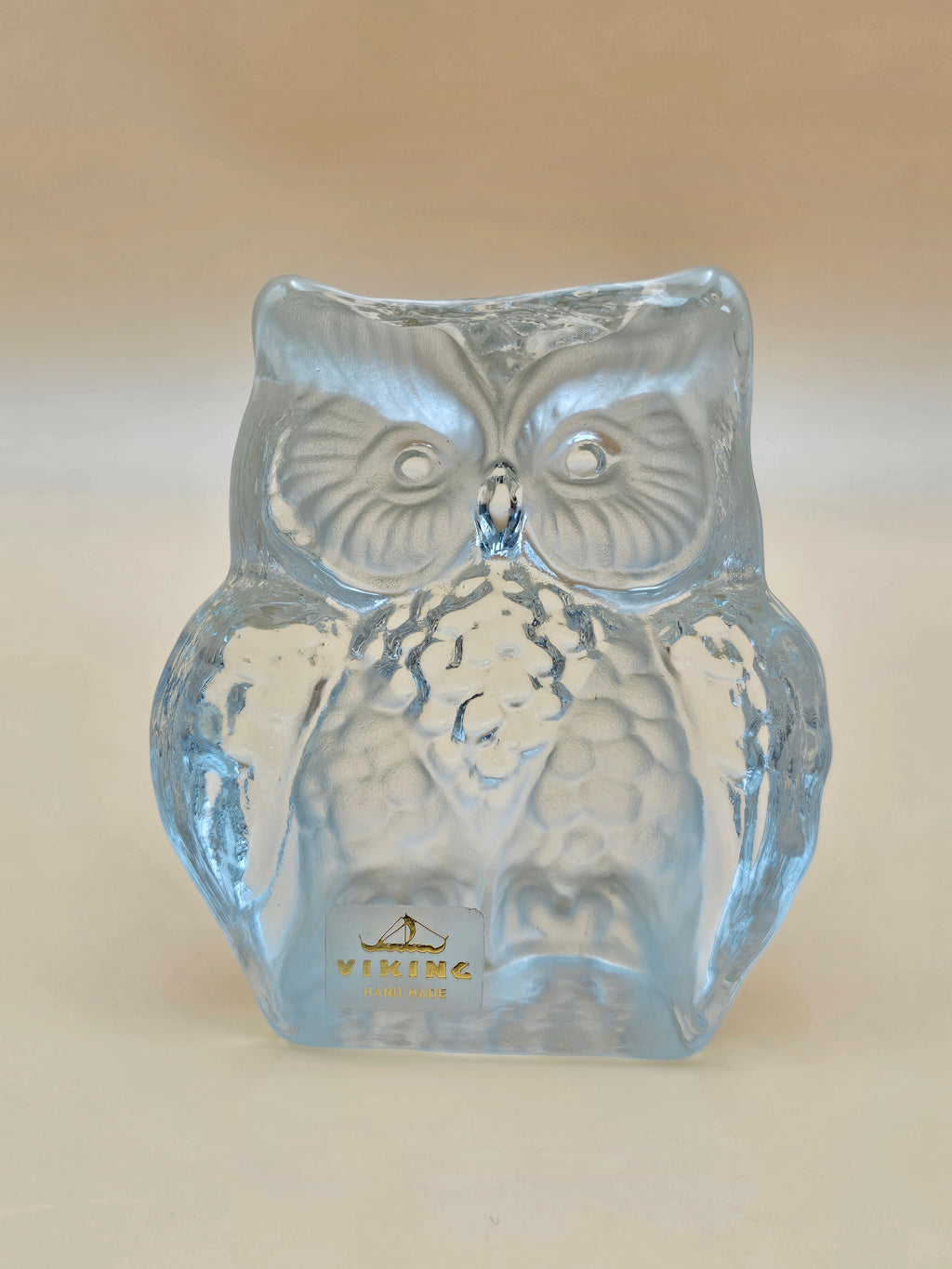 Vintage Viking Glass Clear Frosted Owl Figurine Paperweight with Label