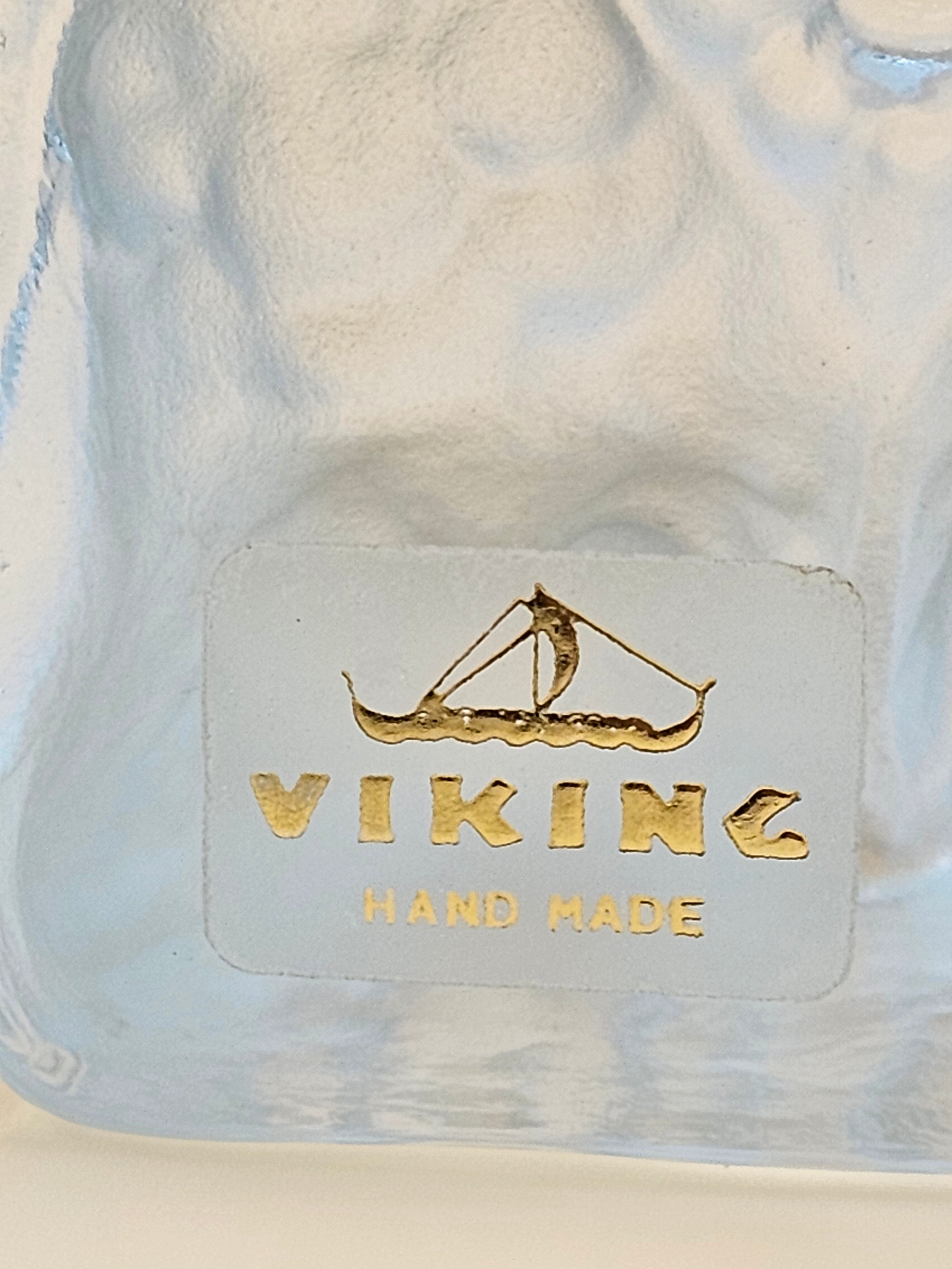 Vintage Viking Glass Clear Frosted Owl Figurine Paperweight with Label