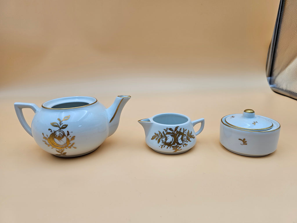 Vintage BB French Porcelain Tea Set with Gold Floral Design – 3 Pieces