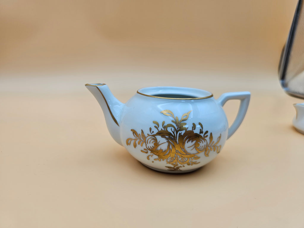 Vintage BB French Porcelain Tea Set with Gold Floral Design – 3 Pieces