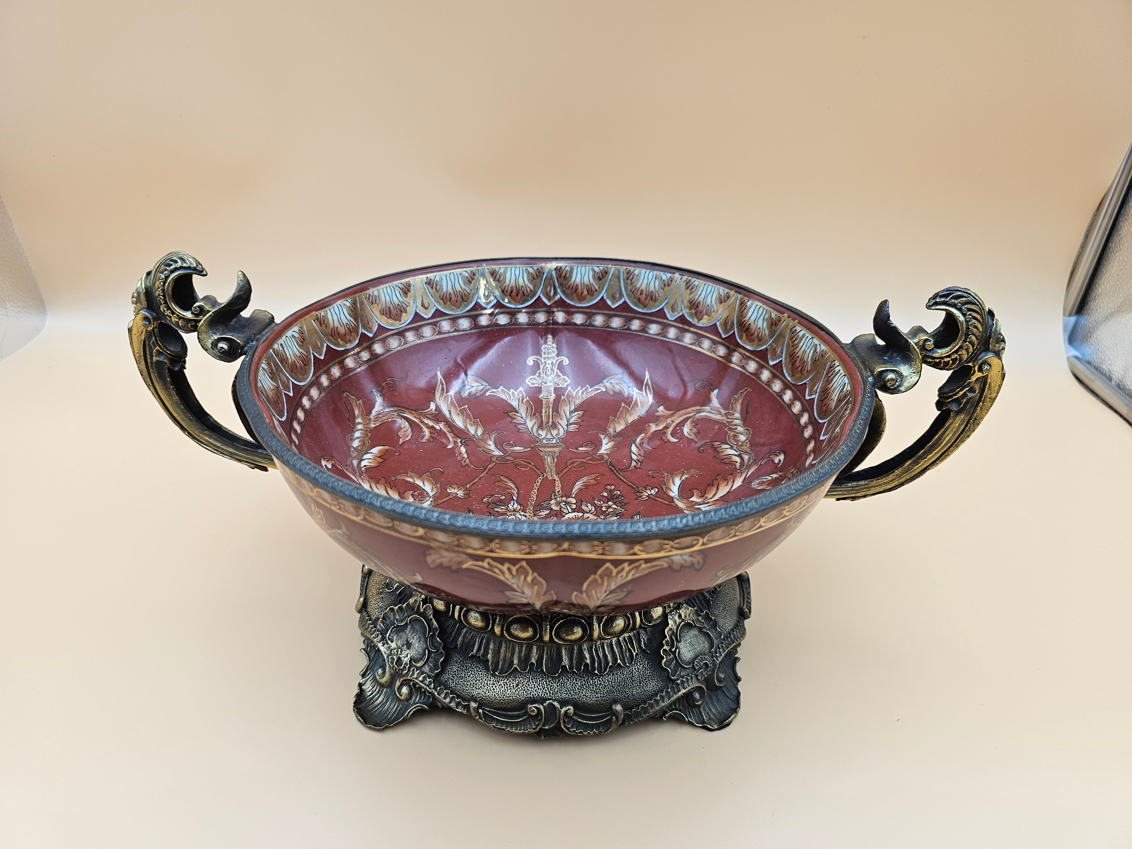 Vintage Dominic Burgundy Porcelain Centerpiece Bowl with Ornate Handles