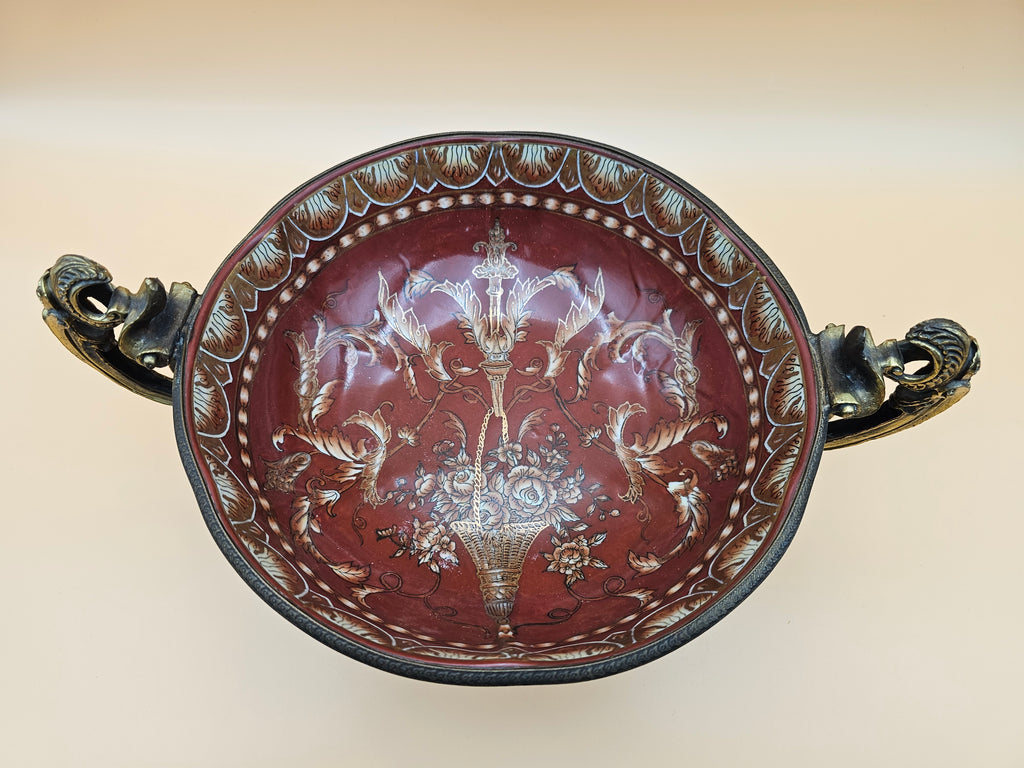 Vintage Dominic Burgundy Porcelain Centerpiece Bowl with Ornate Handles