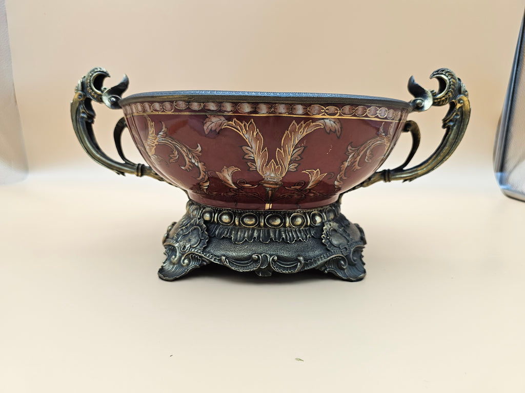 Vintage Dominic Burgundy Porcelain Centerpiece Bowl with Ornate Handles