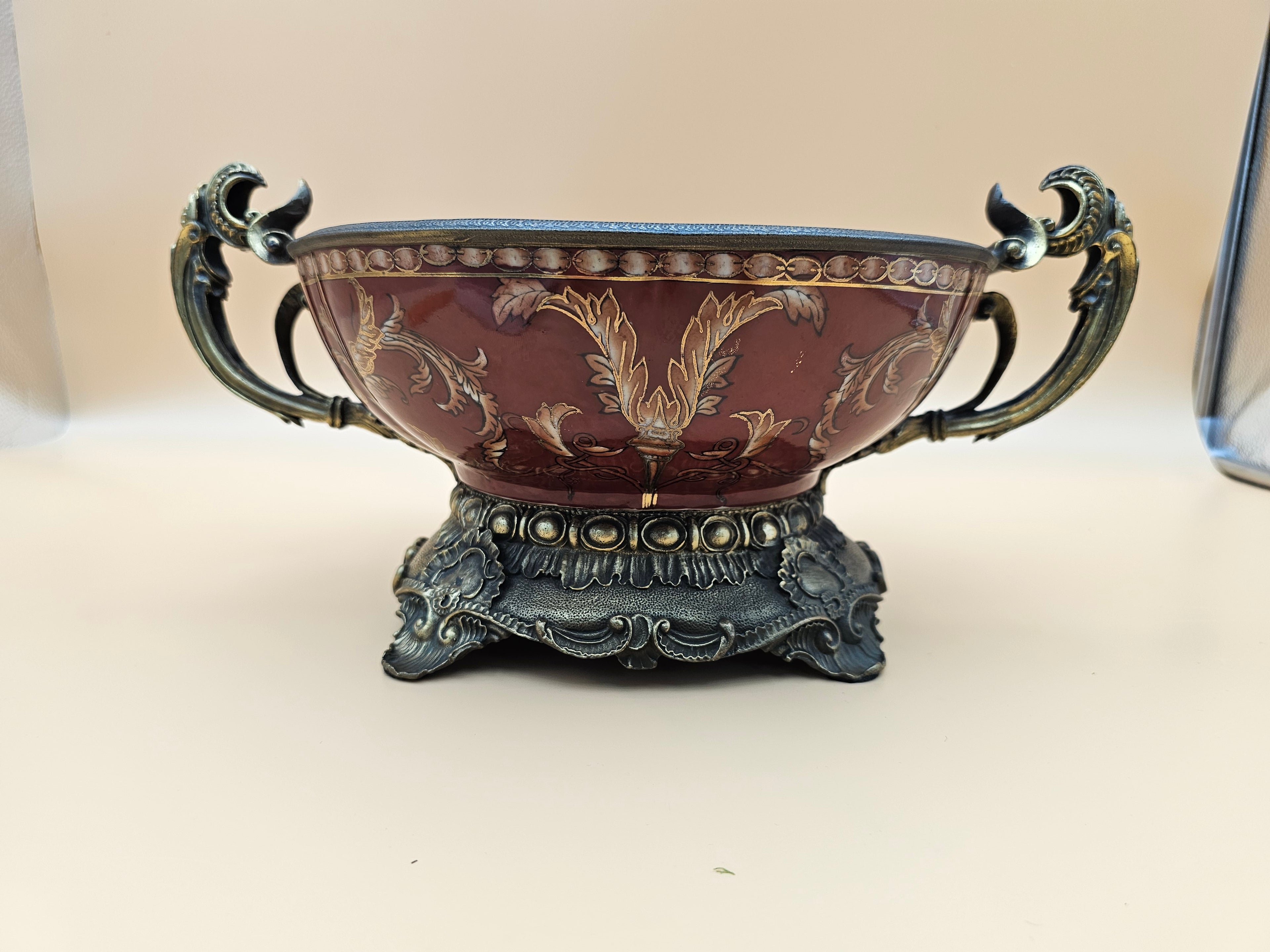 Vintage Dominic Burgundy Porcelain Centerpiece Bowl with Ornate Handles