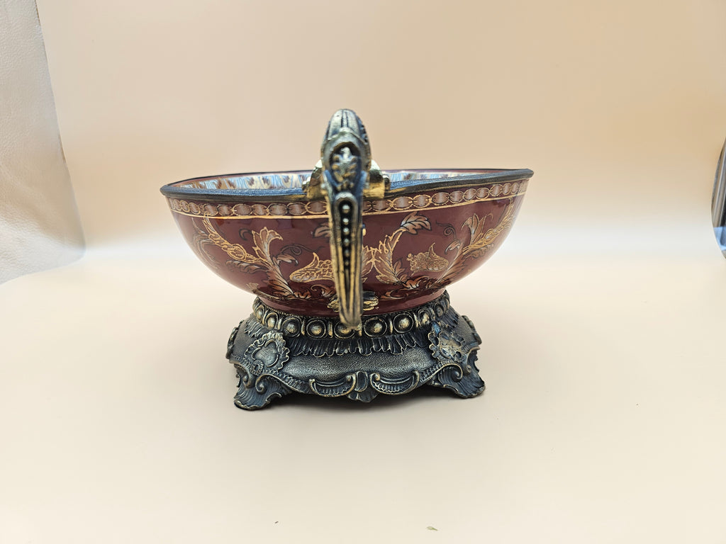 Vintage Dominic Burgundy Porcelain Centerpiece Bowl with Ornate Handles